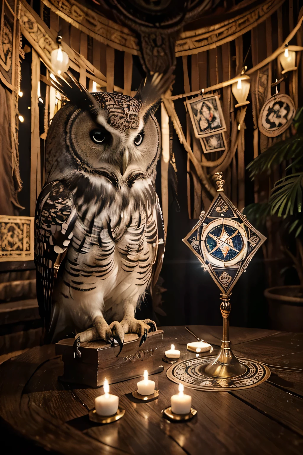 “Draw a mystical scene with a majestic owl perched in the center of a circle formed by tarot cards. Cards display arcane symbols and images, enquanto a coruja observa tudo com seu olhar penetrante, conveying a sense of ancient wisdom and hidden insights.”