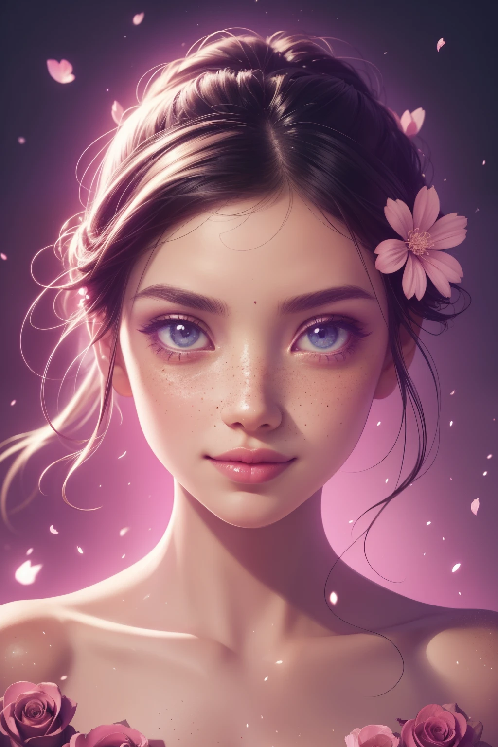 (This is a beautiful, intricate, (romatic) fantasy image that emphasizes beauty and grace.) Generate a blind curvy woman with milky eyes and soft natural freckles. Her face is important and should be (perfectly formed) with (beautiful puffy lips) and (perfect features). There is a cute freckle birthmark on her lip. The image exudes ethereal beauty and soft fantasy, with shimmering shades of pink throughout. Surround her with eternal roses in shimmering shades. Ensure perfection in her face, hair, and eyes. Include sweet and detailed birds and soft, luminous flowers and detailed roses. Utilize dynamic composition and dramatic lighting and cinematic lighting to create an interesting fantasy image. The background of the image is interesting and ultra-detailed, with soft fantasy lighting and gradients. Include fantasy details, cute aura, colorful, colourful, and interesting magical background. The image's background is decorated in shades of pink, shimmer, glitter, and fantasy details like colored bubbles and cosmos. Include subtle freckles, natural freckles and a diffused realistic skin tone. Incorporate elements of high fantasy, whimsy, and detailed elegance. English rose, princess, courtesan, noblewoman, sweet, lovely, calm, lovely, shimmering, glimmering, glittering, astrological fantasy, (((masterpiece))), (highest quality), magic rose, fantasy garden, beautiful face, perfect face, puffy lips, interesting, shy smile, fantasy elements, magic rose, beautiful eyes, perfect puffy lips, jewel tones, luminosity. Taken with a canon camera.