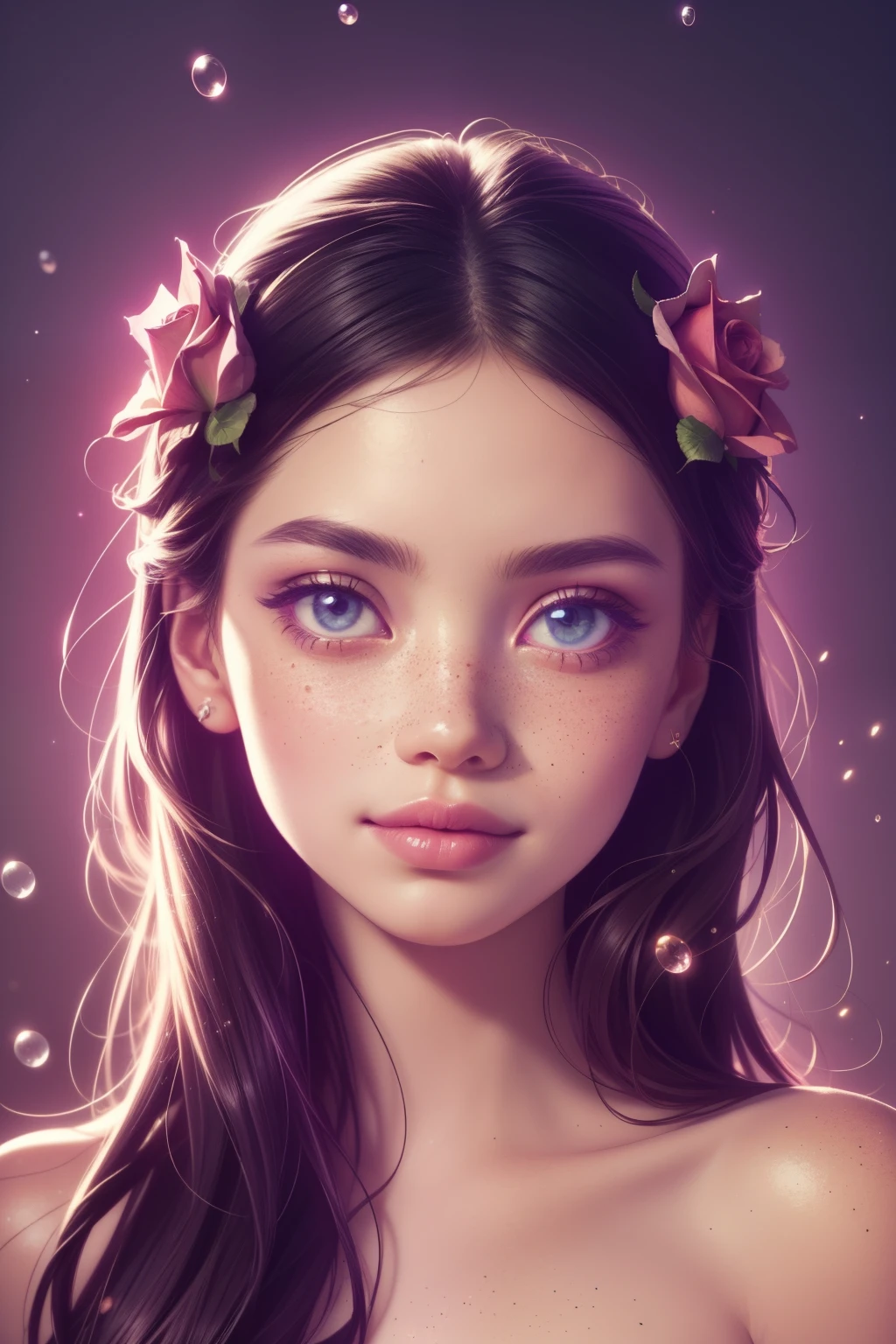 (This is a beautiful, intricate, (romatic) fantasy image that emphasizes beauty and grace.) Generate a blind curvy woman with milky eyes and soft natural freckles. Her face is important and should be (perfectly formed) with (beautiful puffy lips) and (perfect features). There is a cute freckle birthmark on her lip. The image exudes ethereal beauty and soft fantasy, with shimmering shades of pink throughout. Surround her with eternal roses in shimmering shades. Ensure perfection in her face, hair, and eyes. Include sweet and detailed birds and soft, luminous flowers and detailed roses. Utilize dynamic composition and dramatic lighting and cinematic lighting to create an interesting fantasy image. The background of the image is interesting and ultra-detailed, with soft fantasy lighting and gradients. Include fantasy details, cute aura, colorful, colourful, and interesting magical background. The image's background is decorated in shades of pink, shimmer, glitter, and fantasy details like colored bubbles and cosmos. Include subtle freckles, natural freckles and a diffused realistic skin tone. Incorporate elements of high fantasy, whimsy, and detailed elegance. English rose, princess, courtesan, noblewoman, sweet, lovely, calm, lovely, shimmering, glimmering, glittering, astrological fantasy, (((masterpiece))), (highest quality), magic rose, fantasy garden, beautiful face, perfect face, puffy lips, interesting, shy smile, fantasy elements, magic rose, beautiful eyes, perfect puffy lips, jewel tones, luminosity. Taken with a canon camera.