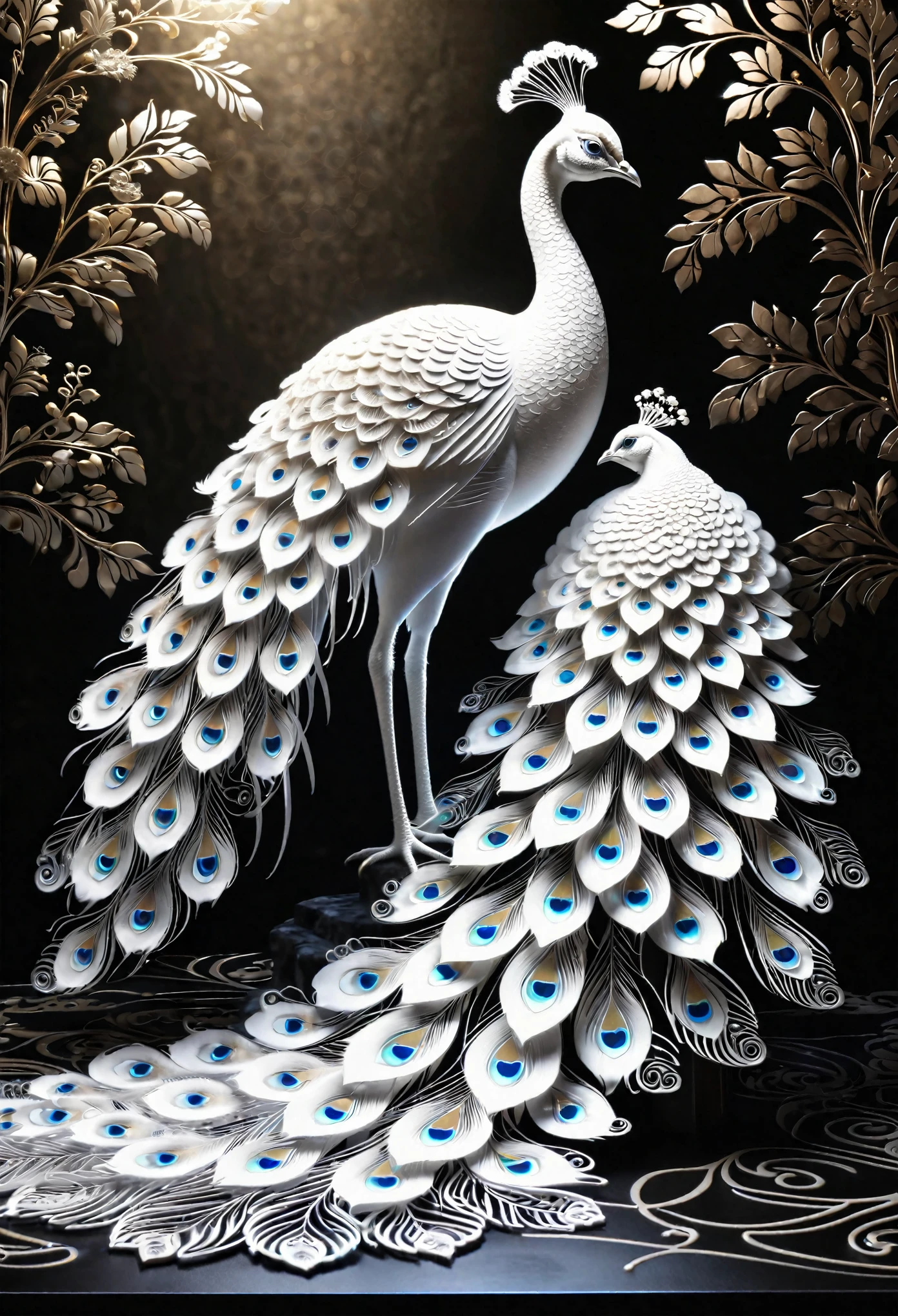 best quality, a stunning artwork of a beautiful white peacock, intricately detailed, (best shadow), elegant, volumetric lighting| ((More_Detail)) 