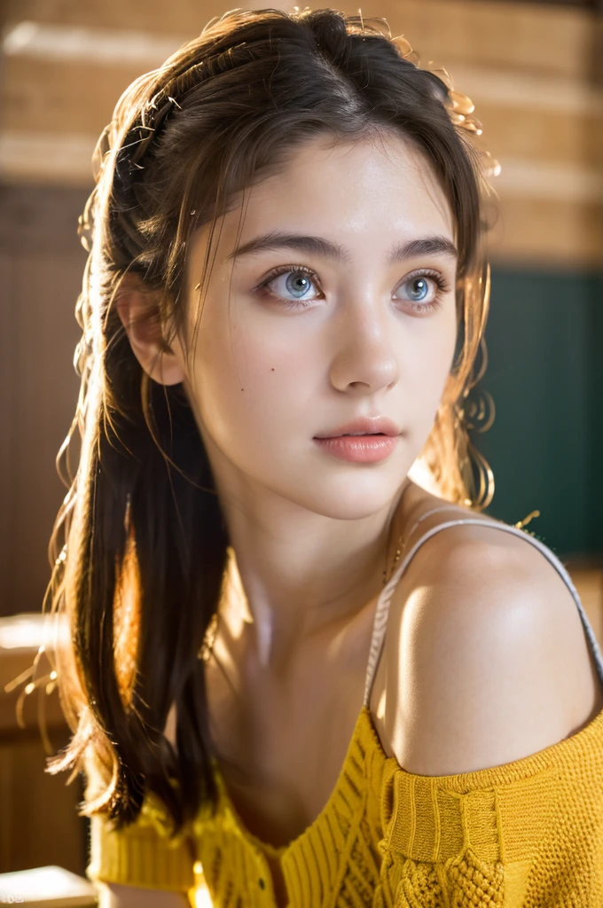 ( masterpiece, top quality, best quality,8k,17 years old girl,ultra detailed,raw photo:1.5),(photorealistic:1.4),(cinematic lighting), PerfectNwsjMajic, , Surrealism, UHD, ccurate, Super detail, textured skin, High detail, Best quality, dynamic angle, (high nose,White skin),[Beautiful blue eyes],(1girl),(good anatomy:0.5)),in the classroom,Real people,warm sun, 