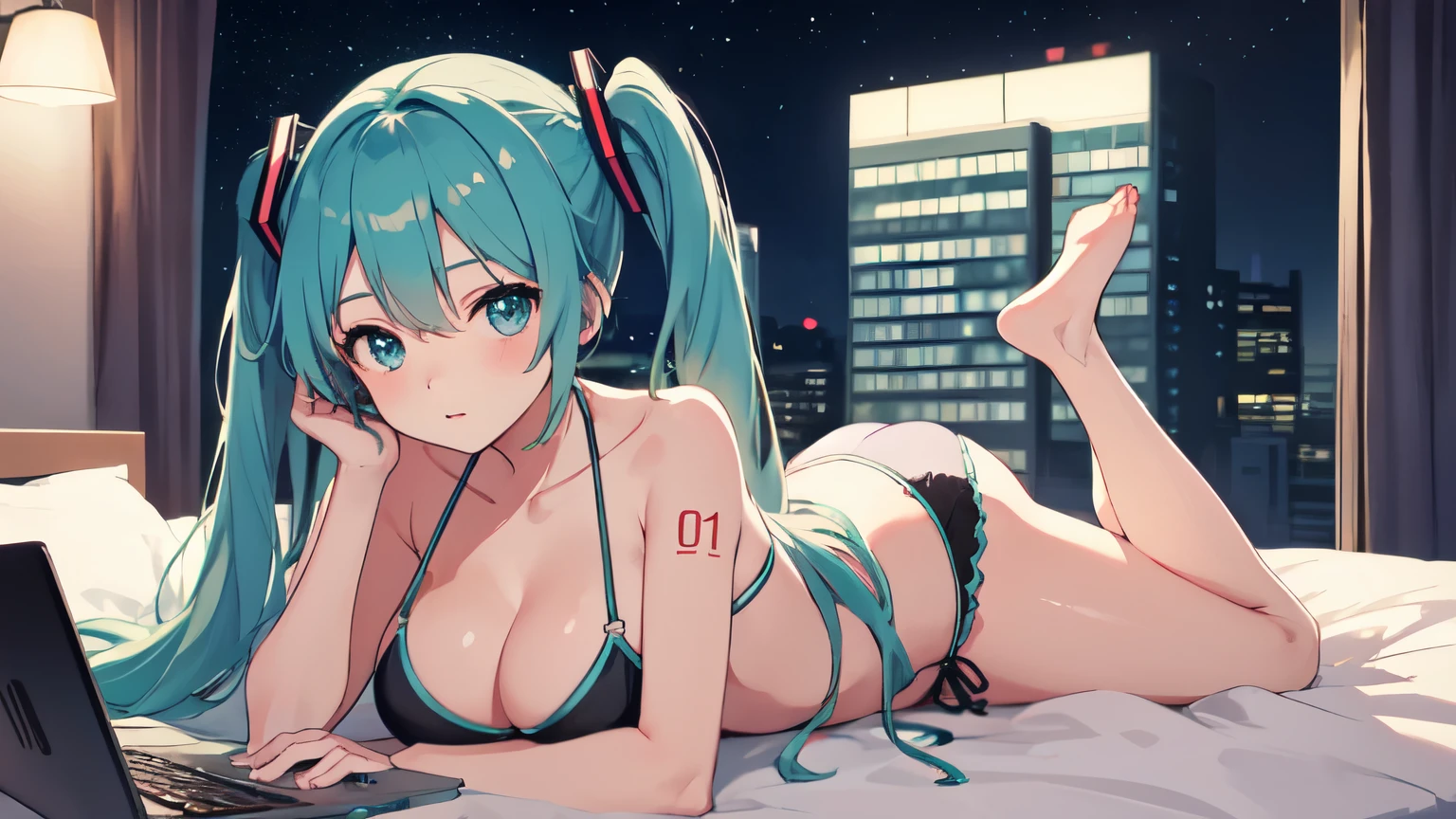 Lying on the bed、Studying on a laptop、Hatsune Miku in a bikini、Large Breasts、Beautiful night view outside the window