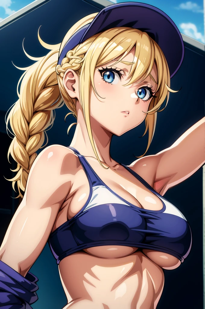 this cartoon character has a bright blonde hair and large breasts in sports bra, 1girl, breasts, blonde hair, solo, blue eyes, hat, braid, long hair, looking at viewer, large breasts, upper body, baseball cap, underboob, collarbone