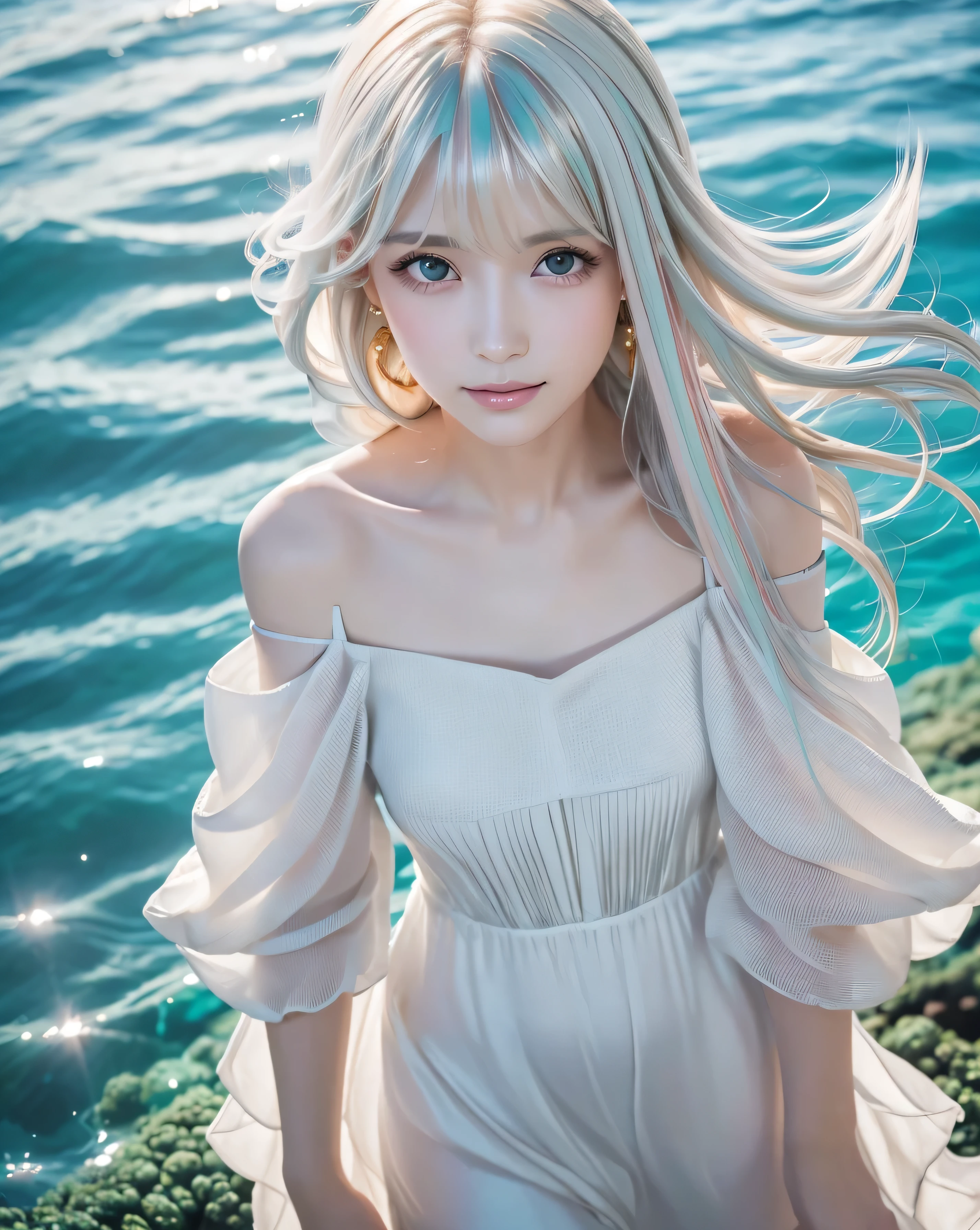 (highest quality,32k,High resolution,Masterpiece:1.5), marimo_jet, Blue-green color palette, A haunting fantasy in abstract style, In a swirl of pastel colors and soft light, Evoking a sense of calm and elusive beauty, Undersea World, Beautiful Japanese Girls, An exceptionally beautiful face, Small Face Beauty, ((Shiny platinum gold hair:1.3)), ((Beautifully tousled super long straight silk hair)), Asymmetrical bangs, Hair between the eyes, Magical big eyes, Clear, smooth, white skin, Sharp eyebrows, Thin lashes, Natural Makeup, Cheek highlighter, Pale pink detailed lips, Rich emotional expression, Motherhood and generosity, fleeting smile, ((White off-the-shoulder dress:1.4)), The water is sparkling and full of vibrant colors., Surrounded by coral reefs, A school of rare fish, Swaying seaweed. Sunlight reflected on the water, Professional Lighting, Professional photographer, Professional models, mysterious