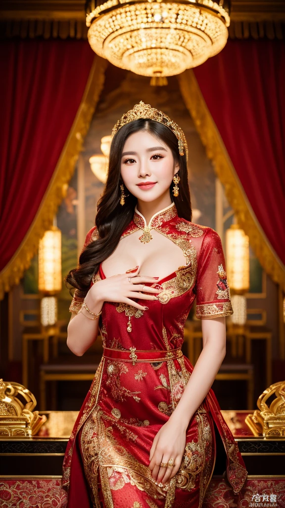 a stunning chinese woman, 23 years old, wearing a radiant, translucent red qipao dress with an exquisite high collar and intricate peony pattern, sits gracefully on a luxurious, velvet baroque bed with a rich blue and gold background, identical twin sister with an even more captivating hourglass figure sits and hugs her at the waist, creating a mesmerizing symmetry, their cute faces, expressive smile and exposed long legs surrounded by an aura of love and fertility, nearby table adorned with ornate candelabras and a delicate, antique vase hints at a wedding consummation of the twins' marriage to the emperor, scene framed by a stunning gold-framed chinese painting and opulent interior decorations, exuding luxury, elegance, and a hint of love making, (best quality,8k,highres,masterpiece:1.2),ultra-detailed,(realistic,photorealistic,photo-realistic:1.37),portraits,cinematic lighting,dramatic lighting,warm colors,ornate,intricate details,luxurious,elegant