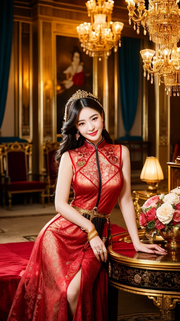 a stunning chinese woman, 23 years old, wearing a radiant, translucent red qipao dress with an exquisite high collar and intricate peony pattern, sits gracefully on a luxurious, velvet baroque bed with a rich blue and gold background, identical twin sister with an even more captivating hourglass figure sits and hugs her at the waist, creating a mesmerizing symmetry, their cute faces, expressive smile and exposed long legs surrounded by an aura of love and fertility, nearby table adorned with ornate candelabras and a delicate, antique vase hints at a wedding consummation of the twins' marriage to the emperor, scene framed by a stunning gold-framed chinese painting and opulent interior decorations, exuding luxury, elegance, and a hint of love making, (best quality,8k,highres,masterpiece:1.2),ultra-detailed,(realistic,photorealistic,photo-realistic:1.37),portraits,cinematic lighting,dramatic lighting,warm colors,ornate,intricate details,luxurious,elegant