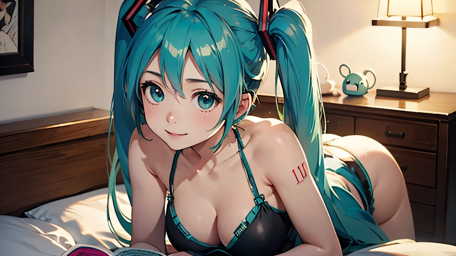 masterpiece, highest quality, highest quality,Official Art),(Hatsune Miku1人:1.3),(魅力的なHatsune Miku),((masterpiece, highest quality))、8k、One Woman、((18-year-old))、((Green Hair))、Big eyes、Sparkling eyes、Beautifully drawn eyes、smile、Large Breasts、Bikini、Beautiful night view、Near and far in the air、Hatsune Miku、Reading in bed