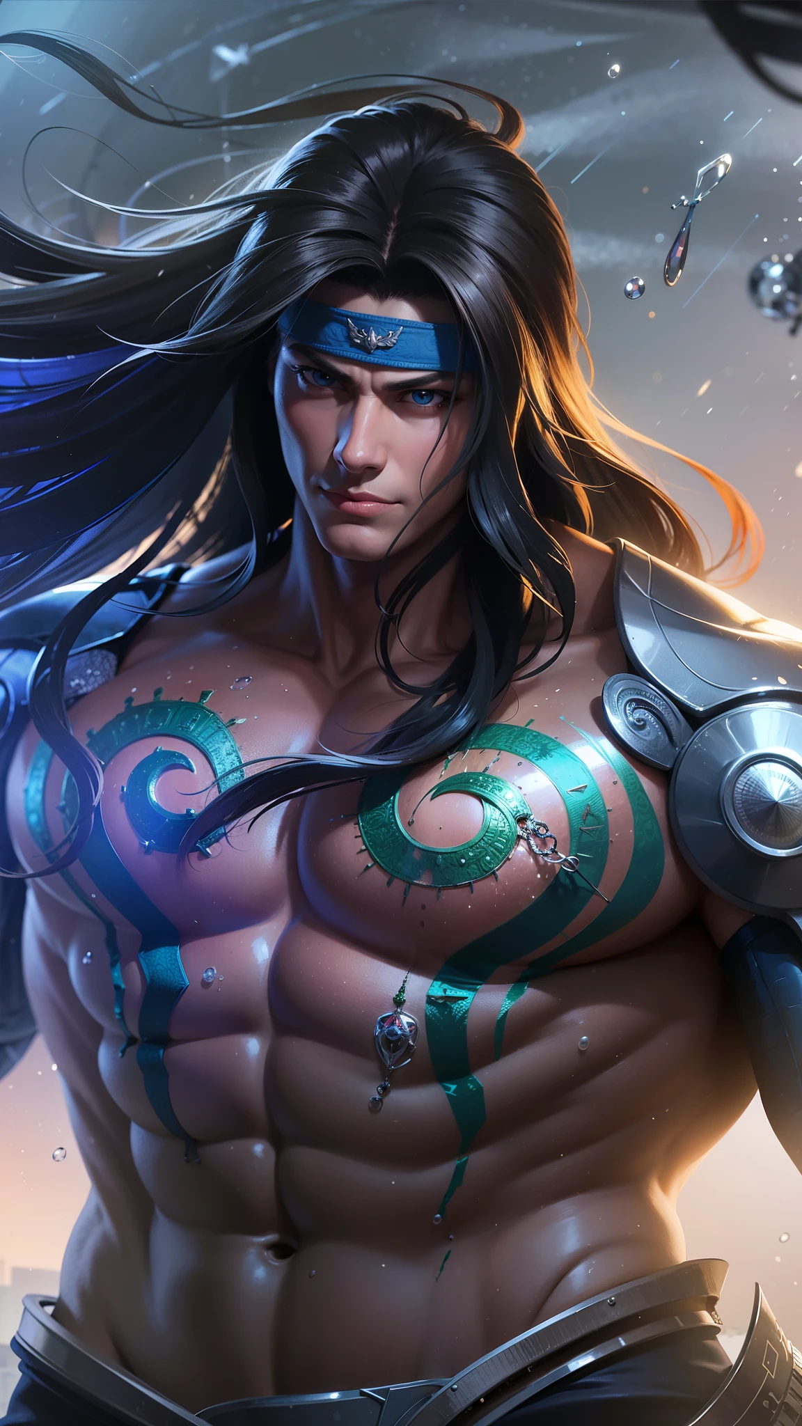 a male with blue headband fabric, Best quality, masterpiece, detailed skin texture, detailed clothes texture, detailed face, super detailed, 8k, intricate detail, The color doesn't change, Muscle guy, 1 male, angry, sharp eyes, blue eyes, rain background.