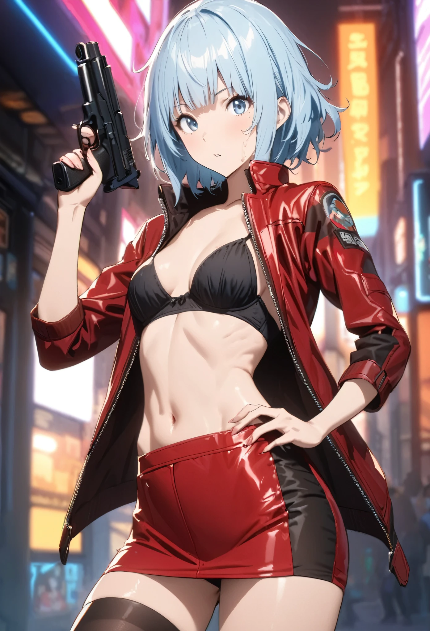 Action Sceneasterpiece, highest quality:1.2)),cowboy shot,1woman,20 year old beauty,solo,((very small head)),short hair,messy hair,light blue hair,blue eyes,blunt,((very long and slender body)),toned body,skinny,medium breasts,shiny skin,oily skin,Bullish expression,Red leather jacket、 Red tight mini skirt、black tube top bra、black_thighhighs,Dynamic Pose、Bounty Hunter、Holding a handgun in your hand、(point the gun at the viewer、Fire-breathing muzzle)、Gunfight、on street,Big cities、Cyberpunk World、
