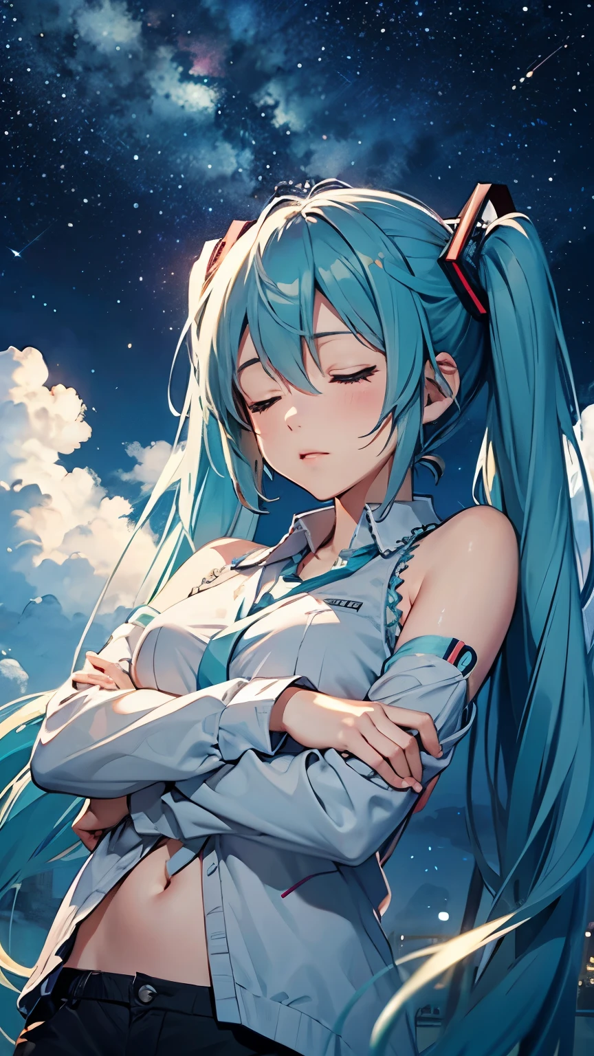 Hatsune Miku as a sleeping on a cloud、Starry Sky