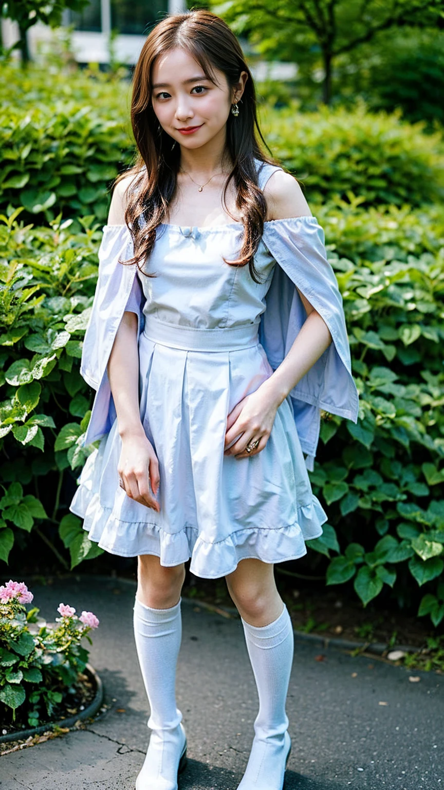 (8k、RAW Photos、highest quality、masterpiece:1.2)、(Realistic、Realistic)、1 girl、((Light blue and white dress、Off the shoulder、mini skirt、boots、See-through、Frills、Ribbon on chest、garden、smile、Big Breasts、View from the front、whole body、White knee socks、Cape、Standing with hands on hips))、Lots of eyelashes、Glowing eyelids、skeletally correct