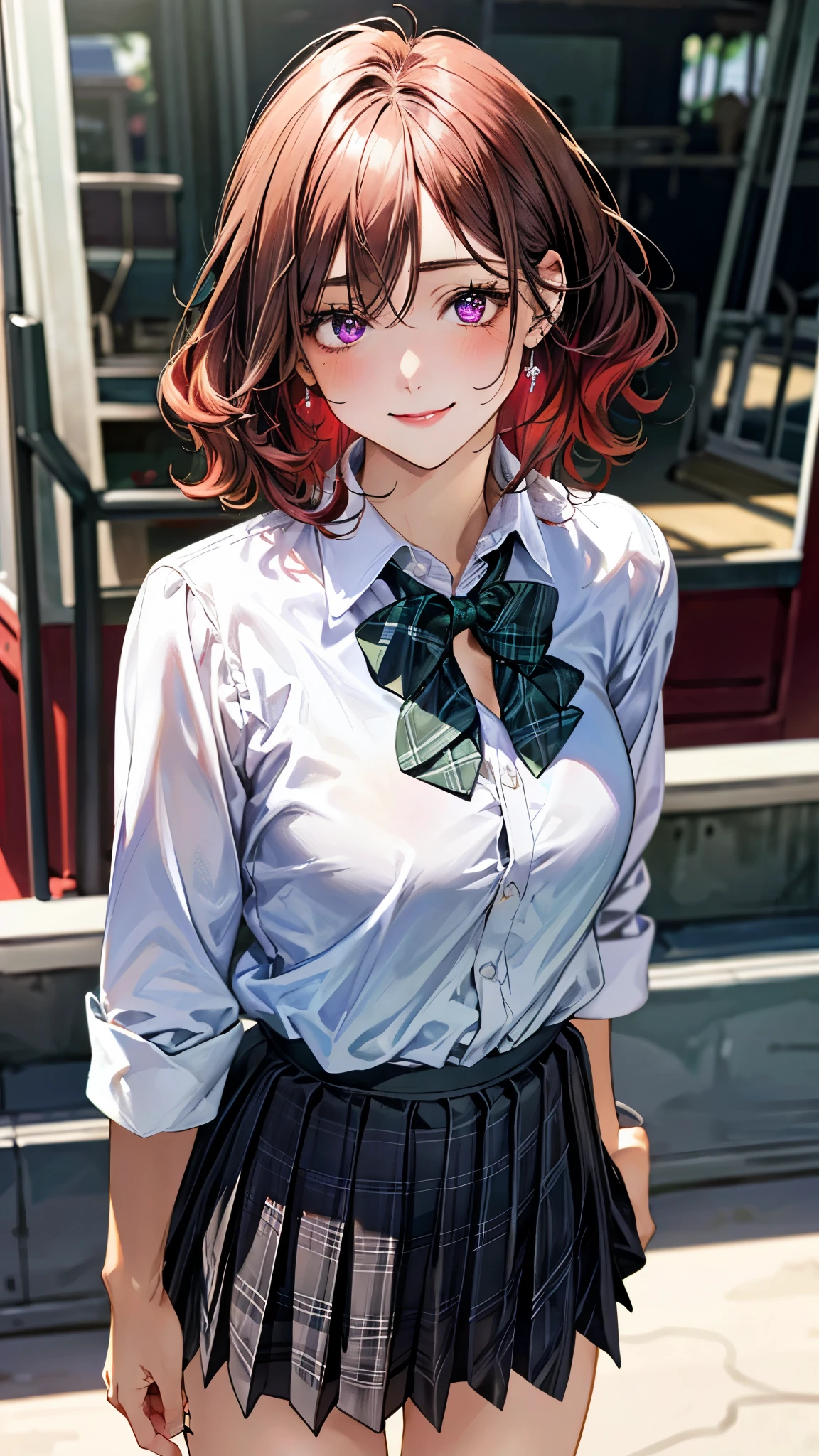 (masterpiece:1.3, top-quality, ultra high res, ultra detailed), (realistic, photorealistic:1.4), beautiful illustration, perfect lighting, natural lighting, colorful, depth of fields, ,
beautiful detailed hair, beautiful detailed face, beautiful detailed eyes, beautiful clavicle, beautiful body, beautiful chest, beautiful thigh, beautiful legs, beautiful fingers, shiny skin, babyface,
looking at viewer, (face focus), 1 girl, japanese, high school girl, (perfect anatomy, anatomically correct, super detailed skin), cute and symmetrical face, perfect face, perfect eyes,
(short hair:1.5, messy hair, sideburns, cherry red hair), hair between eyes, dark purple eyes, big eyes, long eyelashes, (large breasts, seductive thighs), , outstanding style, ,
(detailed cloth texture, white collared shirt), break, (dark green pleated skirt), break, (purple plaid bow tie), break,
(beautiful scenery), morning, (amusement park, go-round, ferris wheel), standing, (lovely smile, upper eyes),