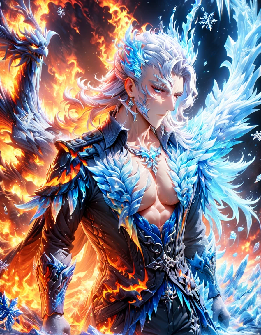 absurdres, highres, ultra detailed, HDR, master piece, best quality, perfect face, Neuvillette, white hair, expressive blue eyes, Genshin Impact, solo, sexy man, handsome, toned chest, sensual, erotic, black clothes, black pants, a winter fantasy world, snowflakes dropping down the sky, everything has turned into ice, a white dragon flying in the distance, exotic colors, magical, powers
