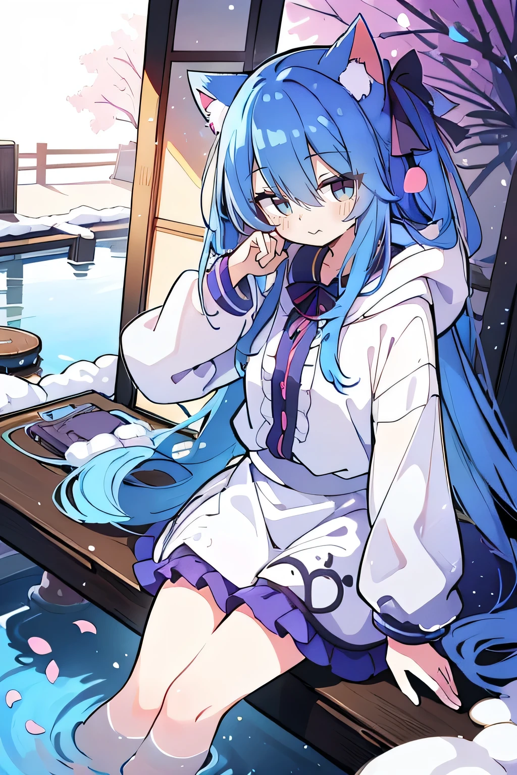 （masterpiece：1.2），Super detailed，lifelike，Expressive eyes，fair skin，perfect face shape，1 girl，
Japanese comics,Gorgeous blue hair,flowing blue hair,flowing clothes,Cat ears,Petals fall,beautiful lola,Baby Angel,
Shaking head with one hand，Cross your legs，Gentle and peaceful background，The pavilion is cool and comfortable,smile, wearing hoodie, background of tokyo,back views,snowing, winter.