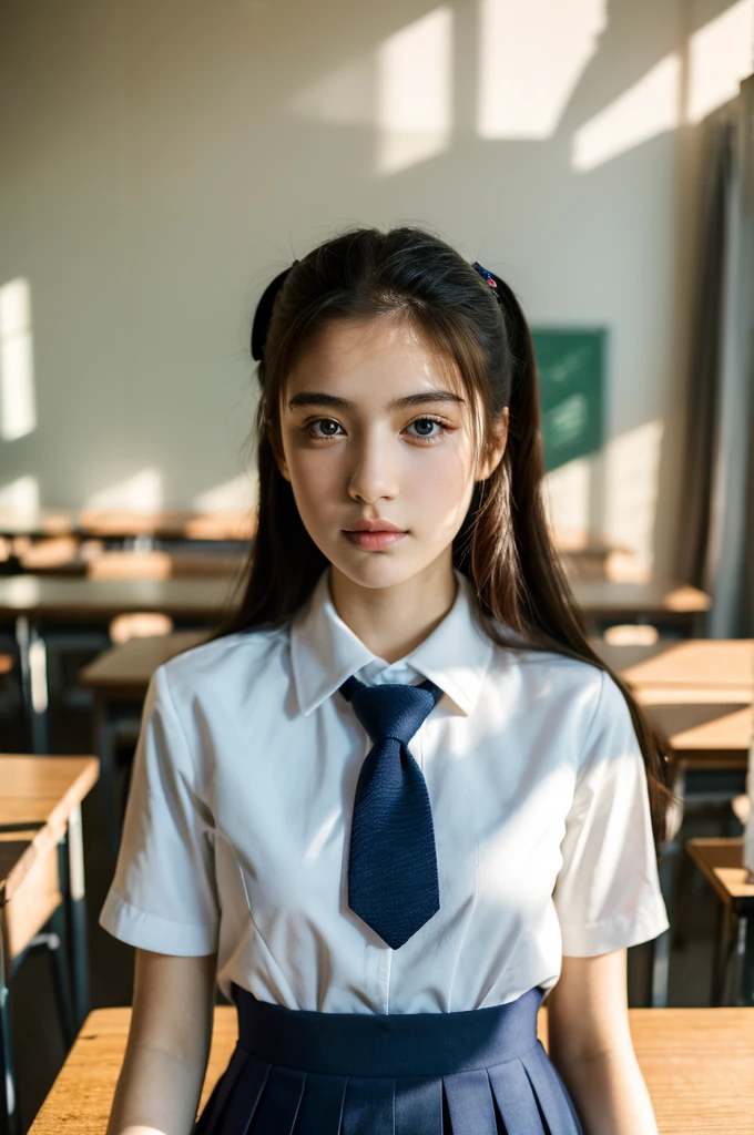 ( masterpiece, top quality, best quality,8k, girl,ultra detailed,raw photo:1.5),(photorealistic:1.4),(cinematic lighting), PerfectNwsjMajic, , Surrealism, UHD, ccurate, Super detail, textured skin, High detail, Best quality, dynamic angle, (high nose,White skin),[Beautiful blue eyes],(1girl),(good anatomy:0.5)),in the classroom,,Real people,warm sun,School uniforms