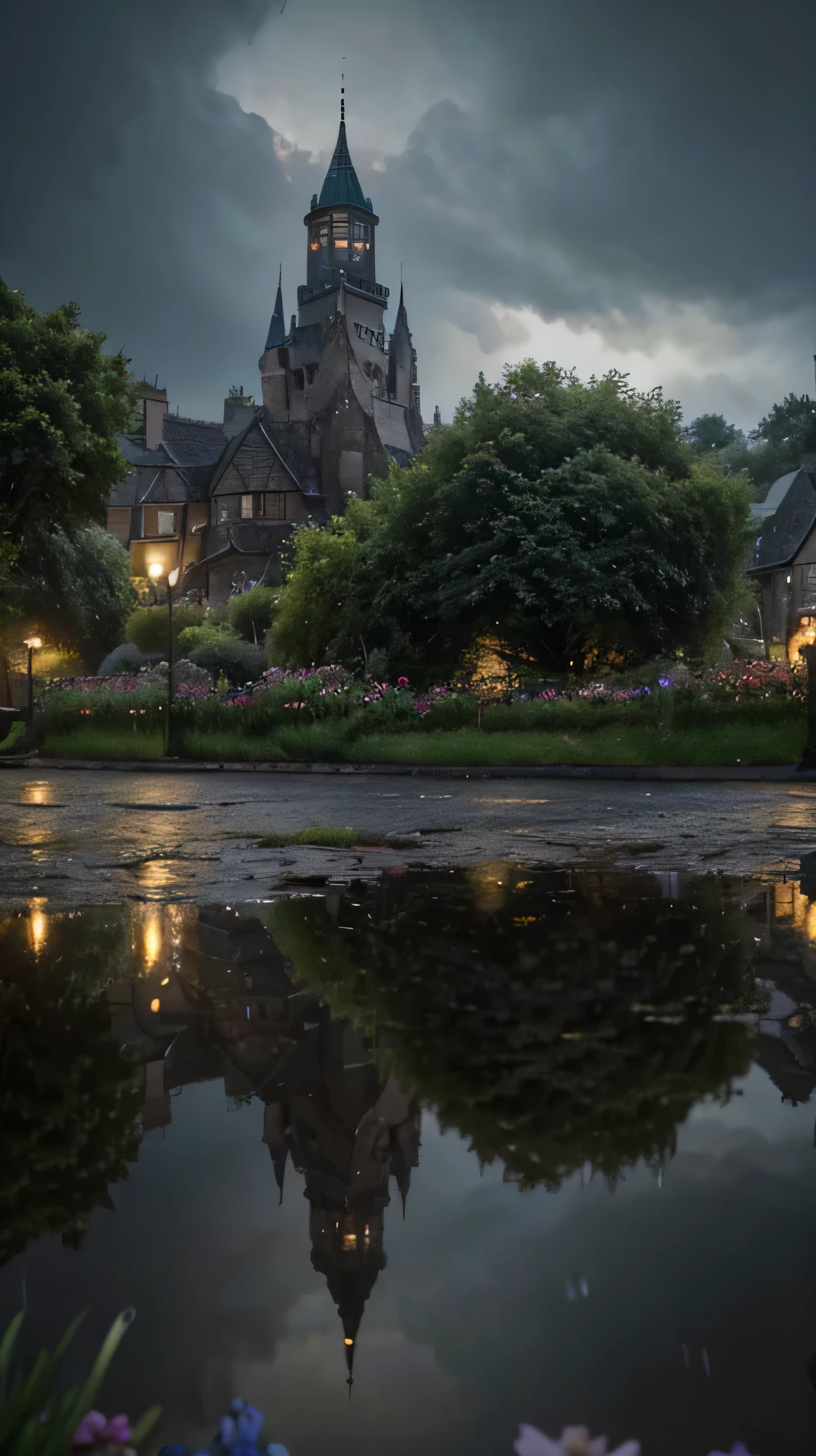 a rafed view of a square with a lot of flowers on the grass, dreamy celtic town, fairy village, amazing wallpaper, fairy town, fairy village, hyper realistic photo of a town, old celtic village, fairy city, by Raymond Han, rainy evening, cyberpunk fairy ancient castle, beautifully lit buildings, at evening during rain, beautiful and aesthetic, photography, cinematic, 8k, high detailed ((Heavy rain)))