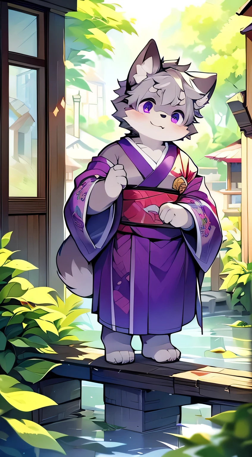 (masterpiece),character focus,detailed background,full body,ultra cute face,dog boy,light grey fur,dark grey hair,solo,eyesgod,purple eyes,Mild obesity,kimono,Shirtless