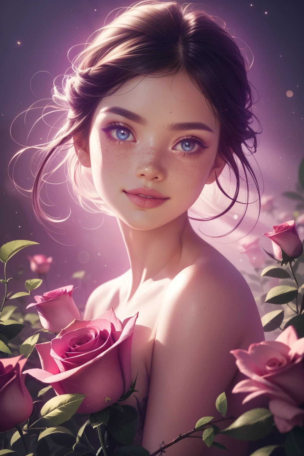 (This is a beautiful, intricate, (romatic) fantasy image that emphasizes beauty and grace.) Generate a blind curvy woman with milky eyes and soft natural freckles. Her face is important and should be (perfectly formed) with (beautiful puffy lips) and (perfect features). There is a cute freckle birthmark on her lip. The image exudes ethereal beauty and soft fantasy, with shimmering shades of pink throughout. Surround her with eternal roses in shimmering shades. Ensure perfection in her face, hair, and eyes. Include sweet and detailed birds and soft, luminous flowers and detailed roses. Utilize dynamic composition and dramatic lighting and cinematic lighting to create an interesting fantasy image. The background of the image is interesting and ultra-detailed, with soft fantasy lighting and gradients. Include fantasy details, cute aura, colorful, colourful, and interesting magical background. The image's background is decorated in shades of pink, shimmer, glitter, and fantasy details like colored bubbles and cosmos. Include subtle freckles, natural freckles and a diffused realistic skin tone. Incorporate elements of high fantasy, whimsy, and detailed elegance. English rose, princess, courtesan, noblewoman, sweet, lovely, calm, lovely, shimmering, glimmering, glittering, astrological fantasy, (((masterpiece))), (highest quality), magic rose, fantasy garden, beautiful face, perfect face, puffy lips, interesting, shy smile, fantasy elements, magic rose, beautiful eyes, perfect puffy lips, jewel tones, luminosity. Taken with a canon camera.