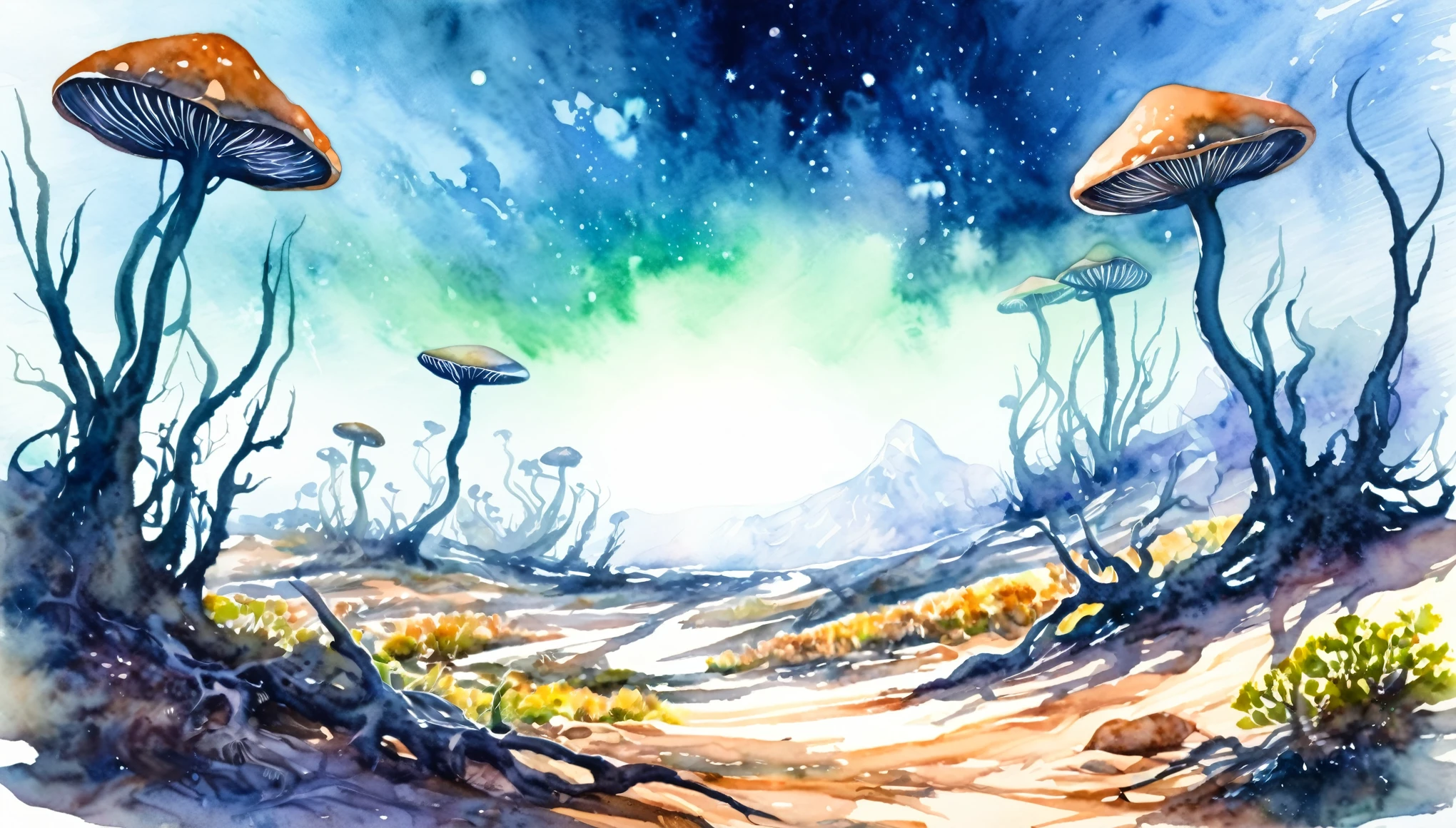 alien desolate landscape, ((watercolor)), lush alien flora,glowing alien mushrooms, twisted alien trees, alien fauna,