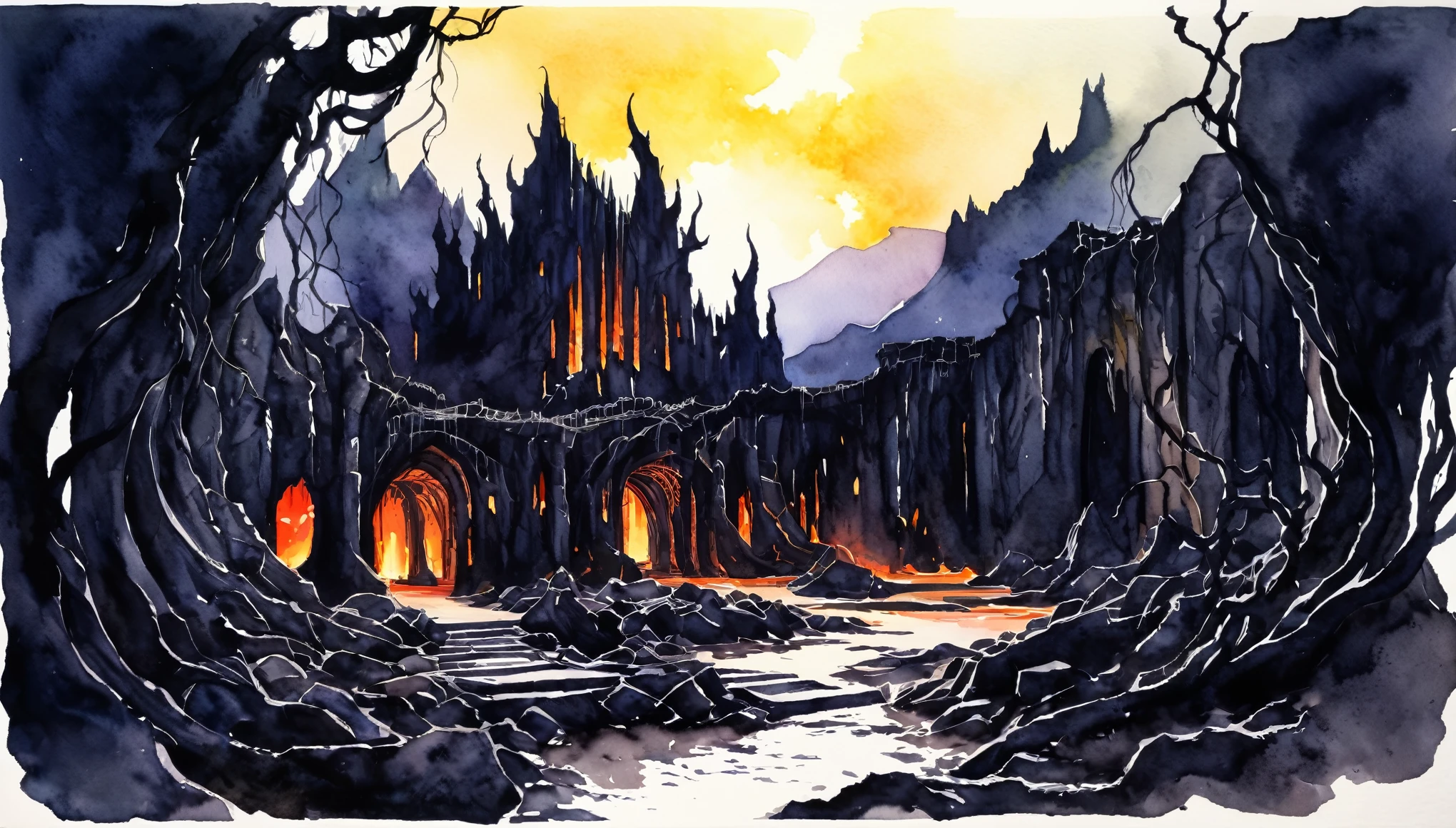 a demonic lair landscape, ((watercolor)), detailed architecture, glowing lava, jagged rocks, twisted vines, moody lighting, dramatic shadows, ethereal atmosphere,