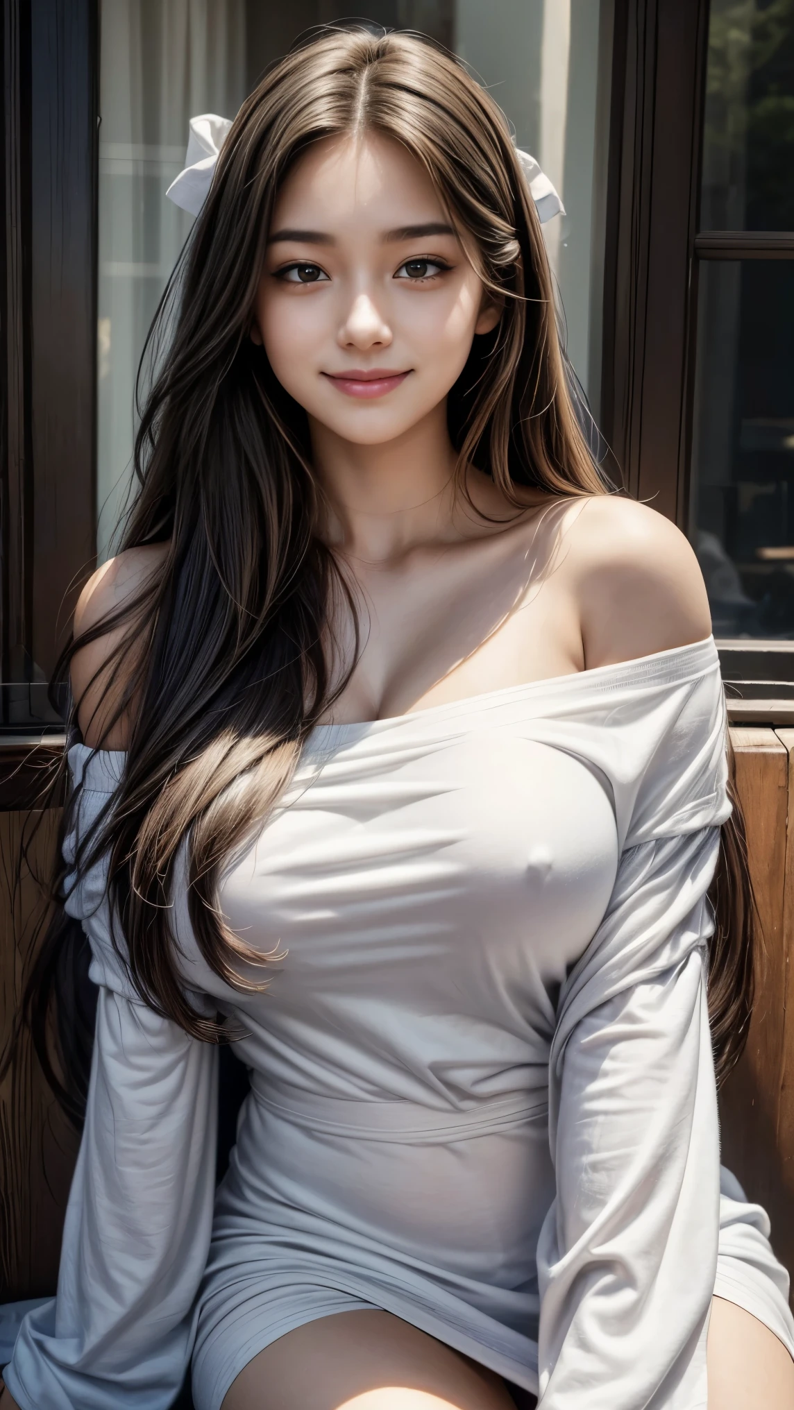 I am a 19 year old age girl, long straight hair, ((head detail)) (face detail), round face, smiling, masterpiece, high resolution, ((Skin Details)), (face detail), (head detail)), big , Innocent Girl, face, soft girl, beautiful breasts, pale skin, realistic lighting, (((Off-the-shoulder clothing))), (casual wear), cute hair accessories, show cleavage, (wearing an oversized t-shirt), Ultra HD, extremely realistic, fhd,