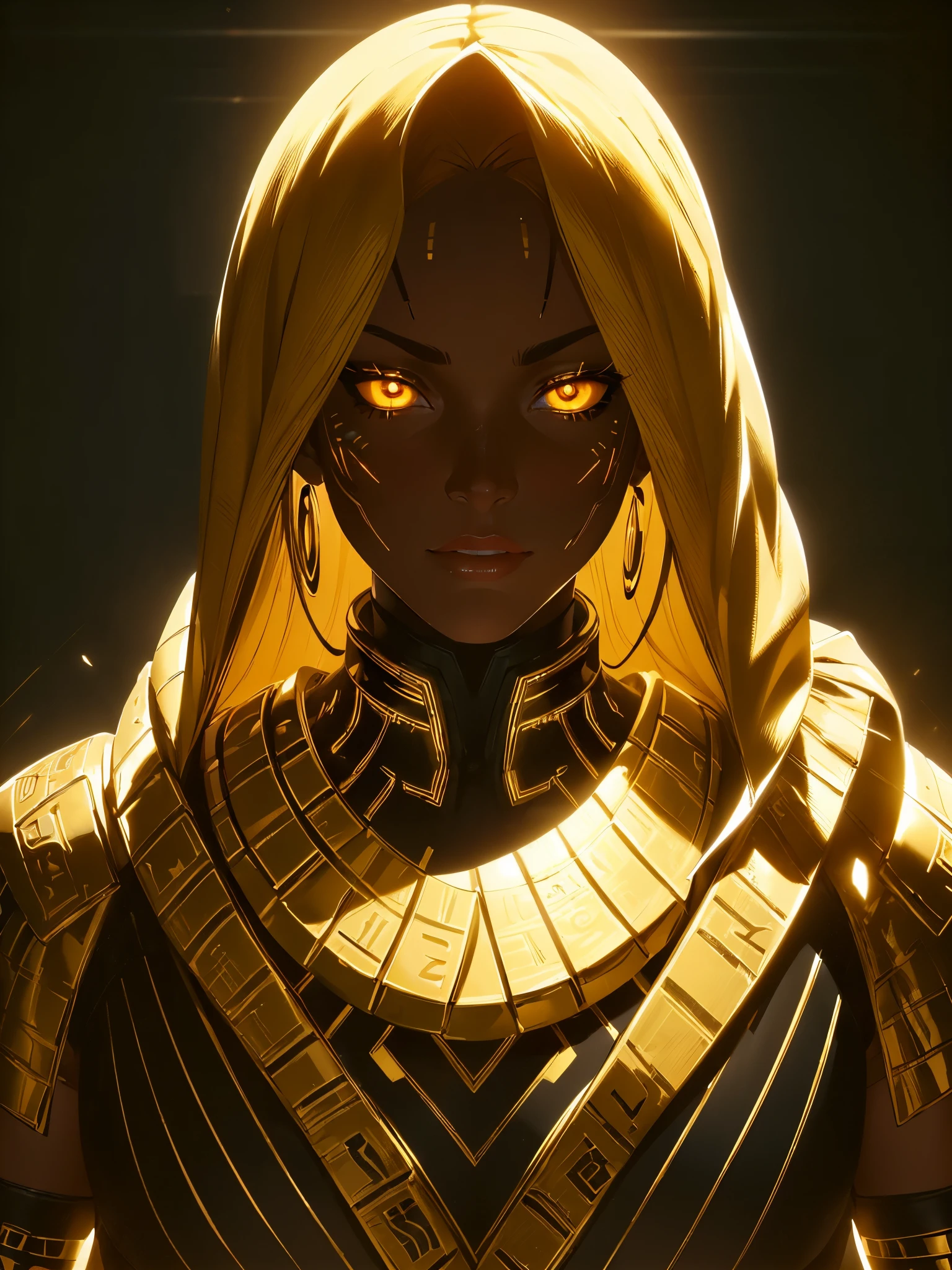 (best quality,highres,ultra-detailed:1.2),close-up of the face of a mummy,covered in bandages with golden hieroglyphics,detailed,golden and glowing eyes,vivid and intense colors,dark circles,realistic,graphic art,terror