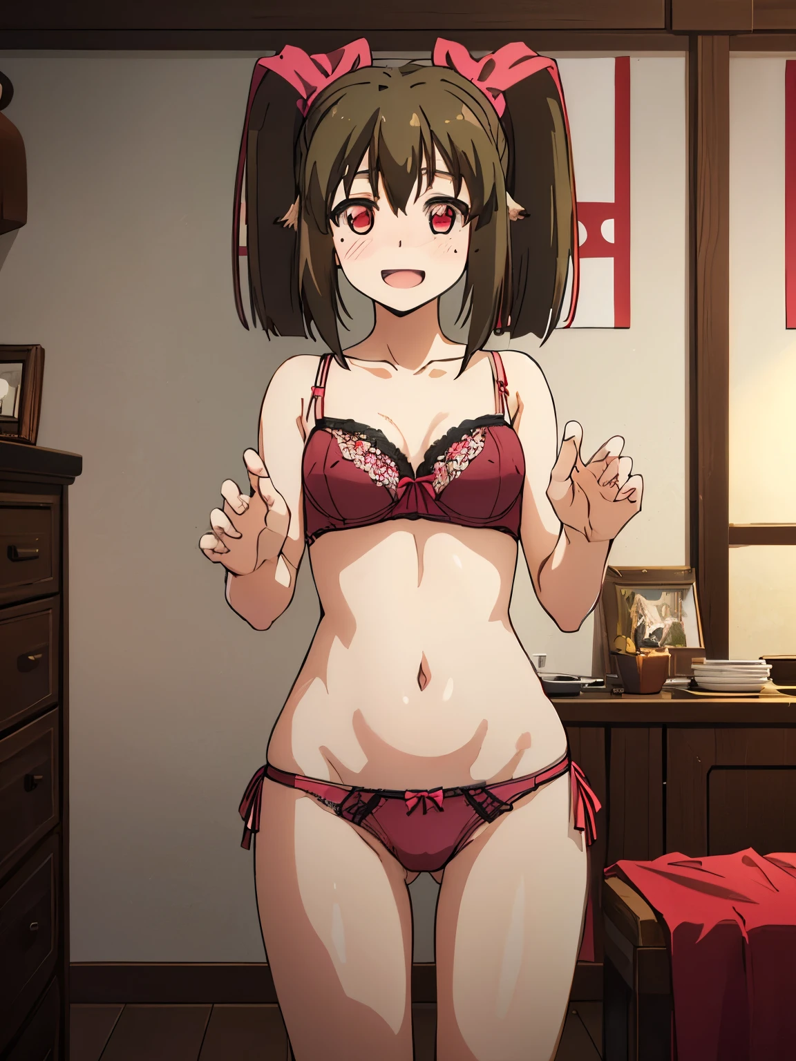 NSFW,Nekone、Long Hair、Brown Hair、(Red Eye:1.3)、ribbon、Animal Ears、Twin tails、ヘアribbon、Mole、目の下のMole,(High-quality lingerie:1.5),(Perfect hands),(Perfect Anatomy),(masterpiece),(highest quality),Embarrassed,blush,(Happy face:1.5)