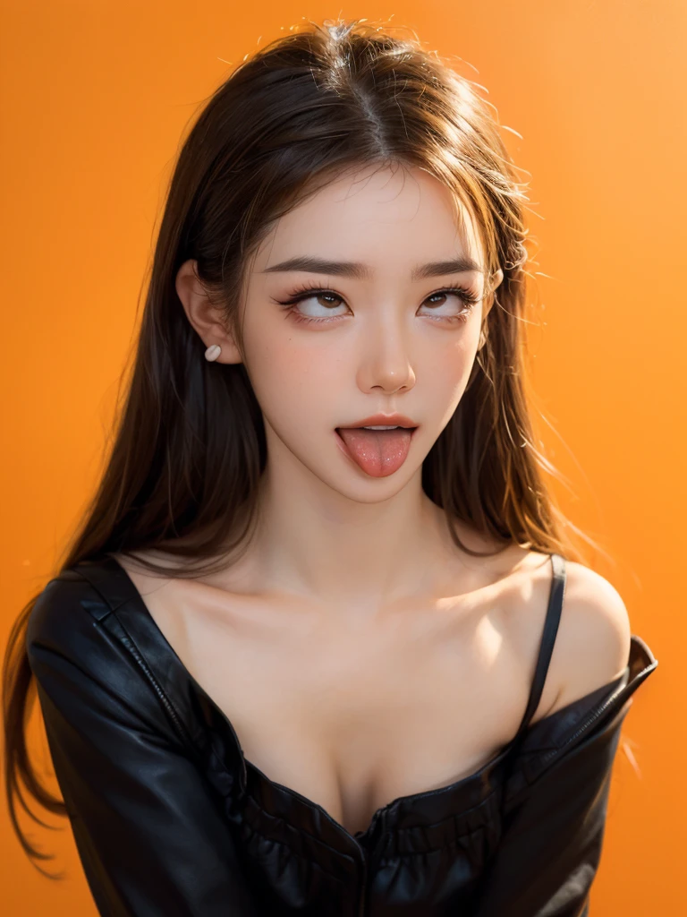 ((Realistic lighting, Best quality, 8K, Masterpiece: 1.3)), Clear focus: 1.2, 1girl, Perfect Figure: 1.4, Slim Abs: 1.1, Super fine face, Fine eyes, Double eyelids, gasping, trembling, begging forgiveness, shocked face, scared, terrified, open mouth, deeper look, (aheago:1.5), Upper body、Big eyes、eyelash、((very simple orange background:1.8))、(((Black French Braid, Big eyes、big and full chest、avoiding eye contact 、beautiful beauty、show me your ears、long neck、low hairline、small forehead))),Blushing, Shy smile, Embarrassed, Flushed cheeks, Timid expression, Coy look, Bashful, Sheepish grin