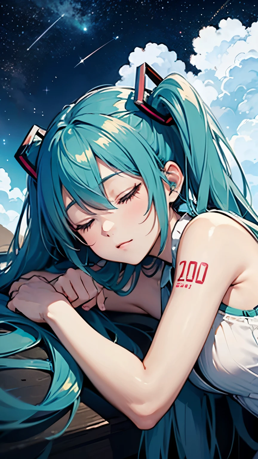 Hatsune Miku as a sleeping on a cloud、Starry Sky