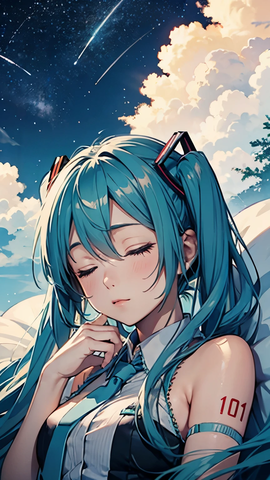Hatsune Miku as a sleeping on a cloud、Starry Sky