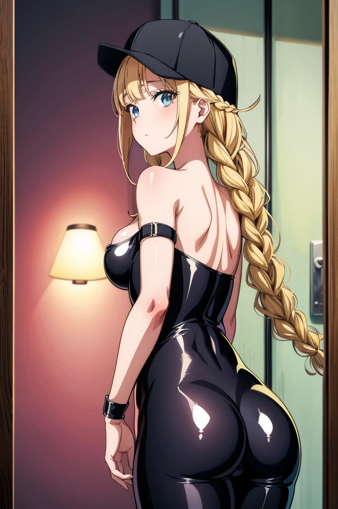 a nude anime girl is standing at the door and in the dark, 1girl, solo, ass, blonde hair, braid, blue eyes, hat, breasts, long hair, baseball cap, latex, black headwear, looking back, looking at viewer, bare shoulders, skin tight, black bodysuit, twin braids, shiny clothes, bangs, back, from behind