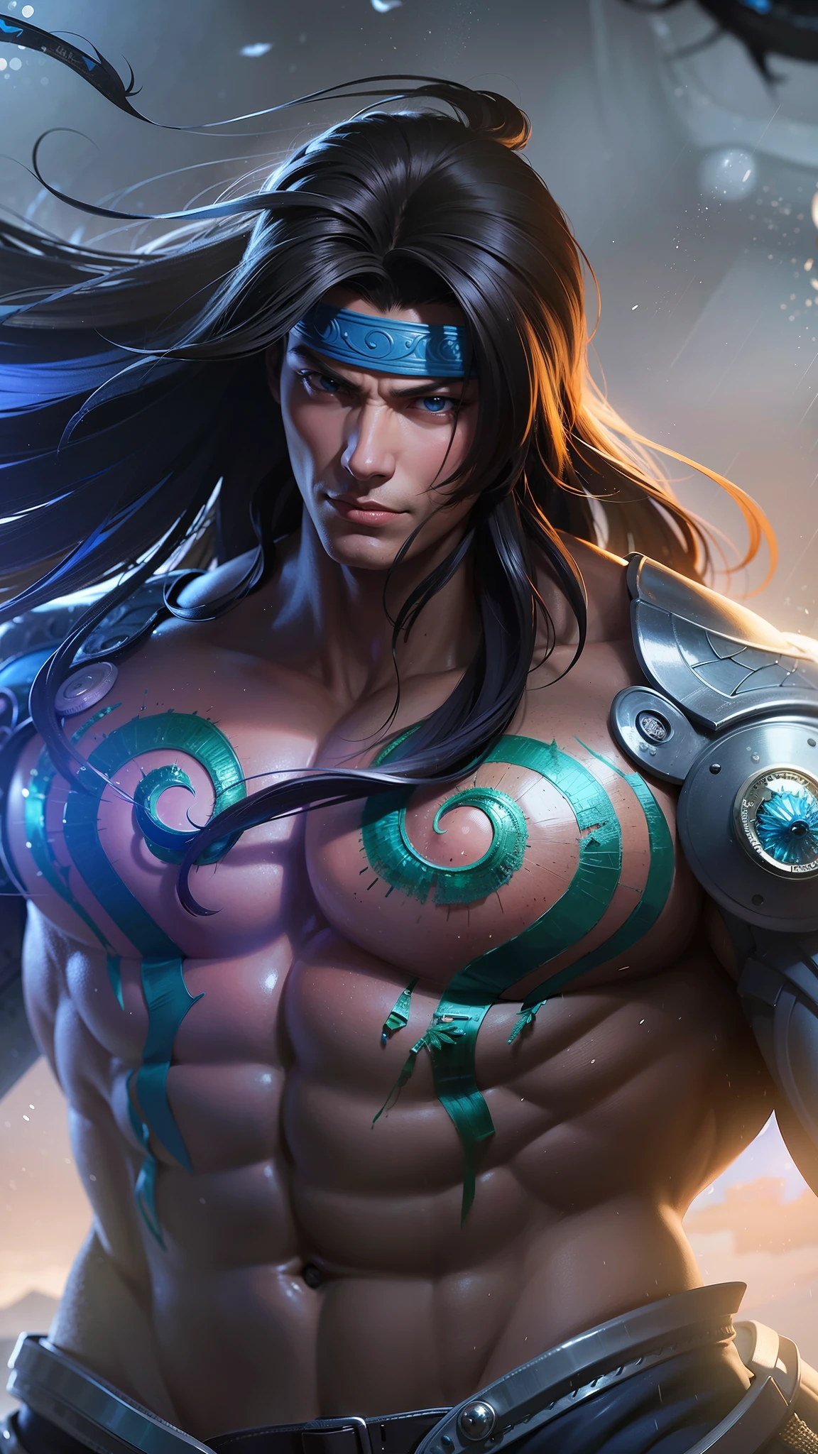 a male with blue headband fabric, Best quality, masterpiece, detailed skin texture, detailed clothes texture, detailed face, super detailed, 8k, intricate detail, The color doesn't change, Muscle guy, 1 male, angry, sharp eyes, blue eyes, rain background.