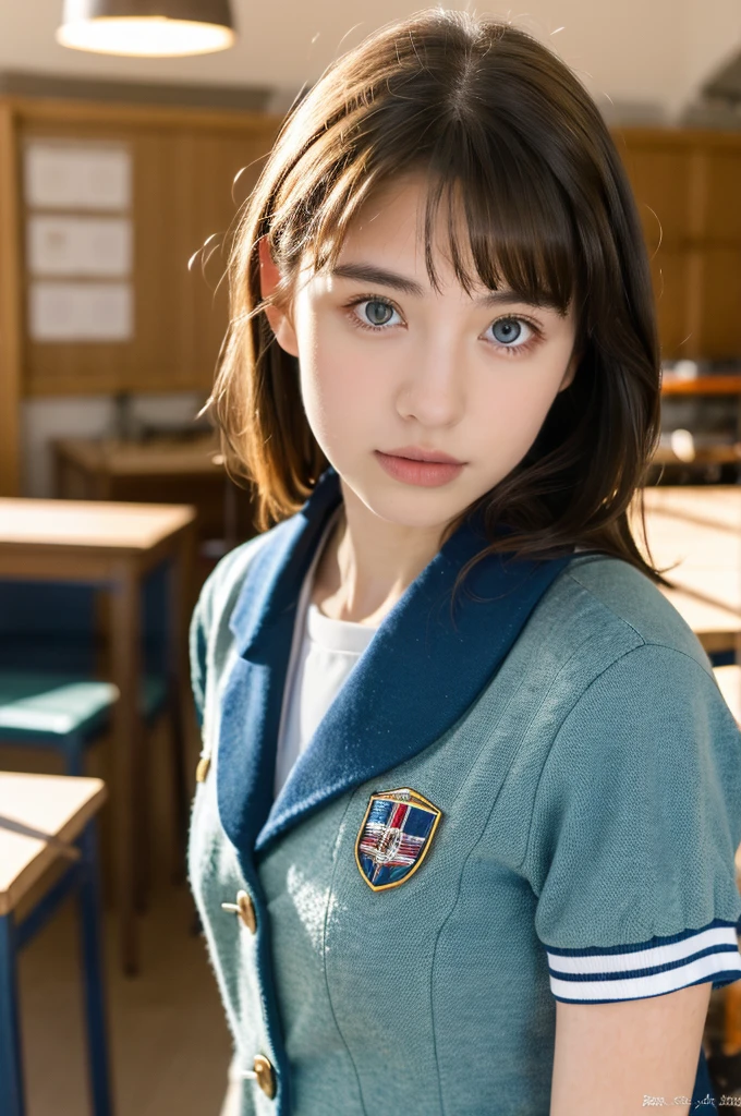 ( masterpiece, top quality, best quality,8k,17 years old girl,ultra detailed,raw photo:1.5),(photorealistic:1.4),(cinematic lighting), PerfectNwsjMajic, , Surrealism, UHD, ccurate, Super detail, textured skin, High detail, Best quality, dynamic angle, (high nose,White skin),[Beautiful blue eyes],(1girl),(good anatomy:0.5)),in the classroom,,Real people,warm sun,School uniforms