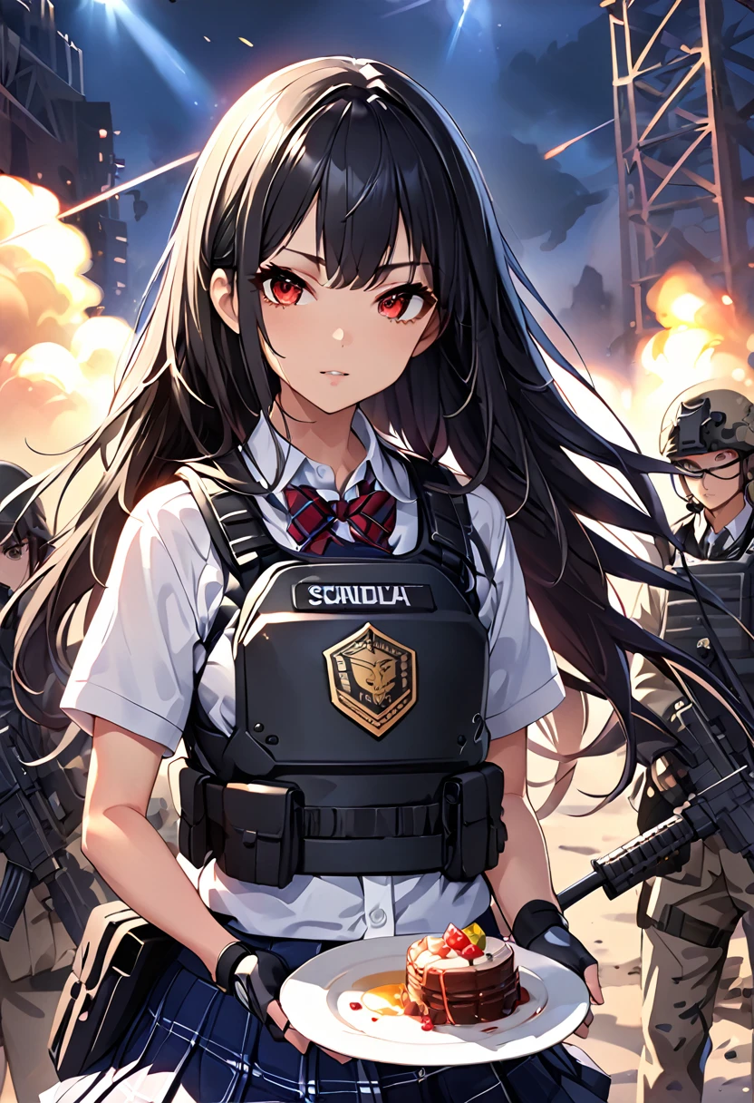 masterpiece、highest quality、Ultra-high resolution、Maximum resolution、Very detailed、Professional Lighting、anime、woman、thin、so beautiful、high school girl、blazer、Has an assault rifle、Red Eye、Black Hair、long hair、Fingerless gloves、Equipped with a plate carrier、Standing alone on the battlefield、Hold your gun and shoot