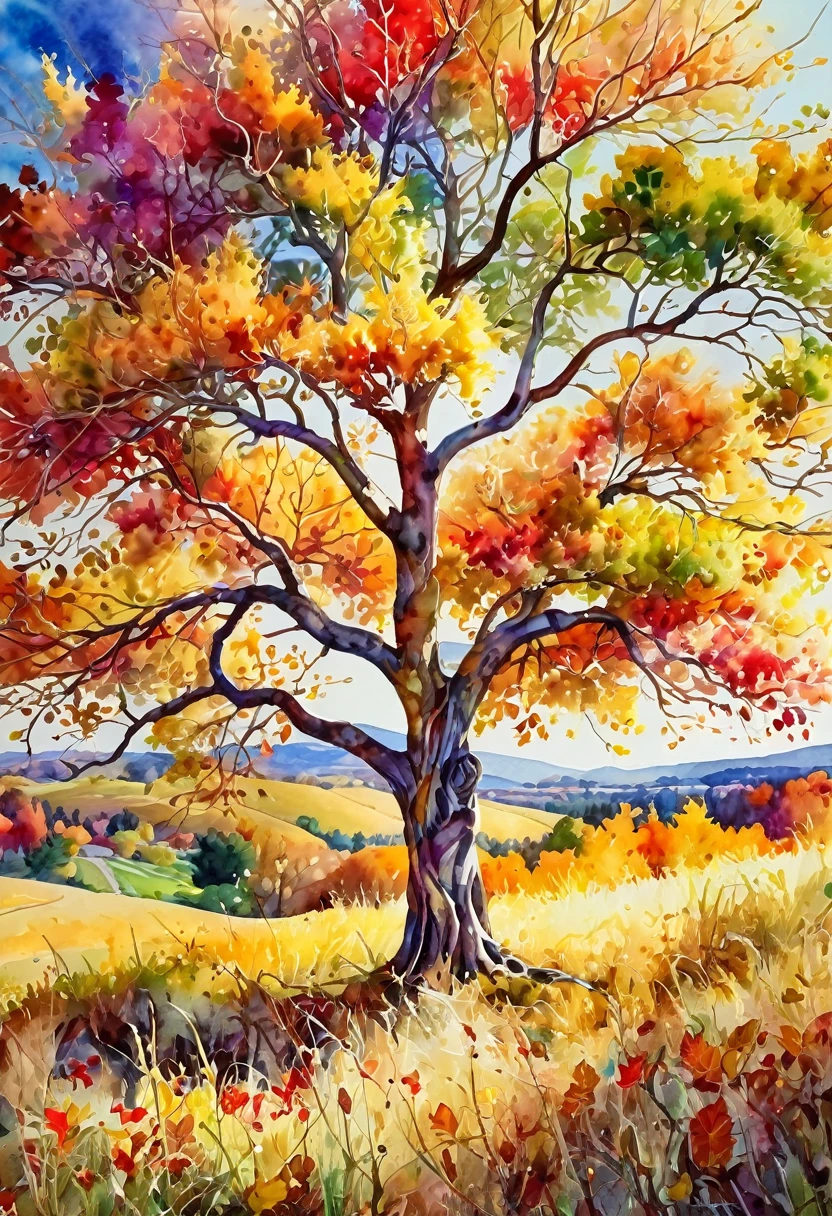 intricate watercolor painting of a beautiful multicolored autumn tree in the middle of a field, vibrant colors, serene atmosphere, highly detailed, masterpiece, photorealistic, dramatic lighting, glowing sunlight, dancing leaves, lush foliage, soft textures, winding branches, rolling hills, cinematic composition, dreamlike quality