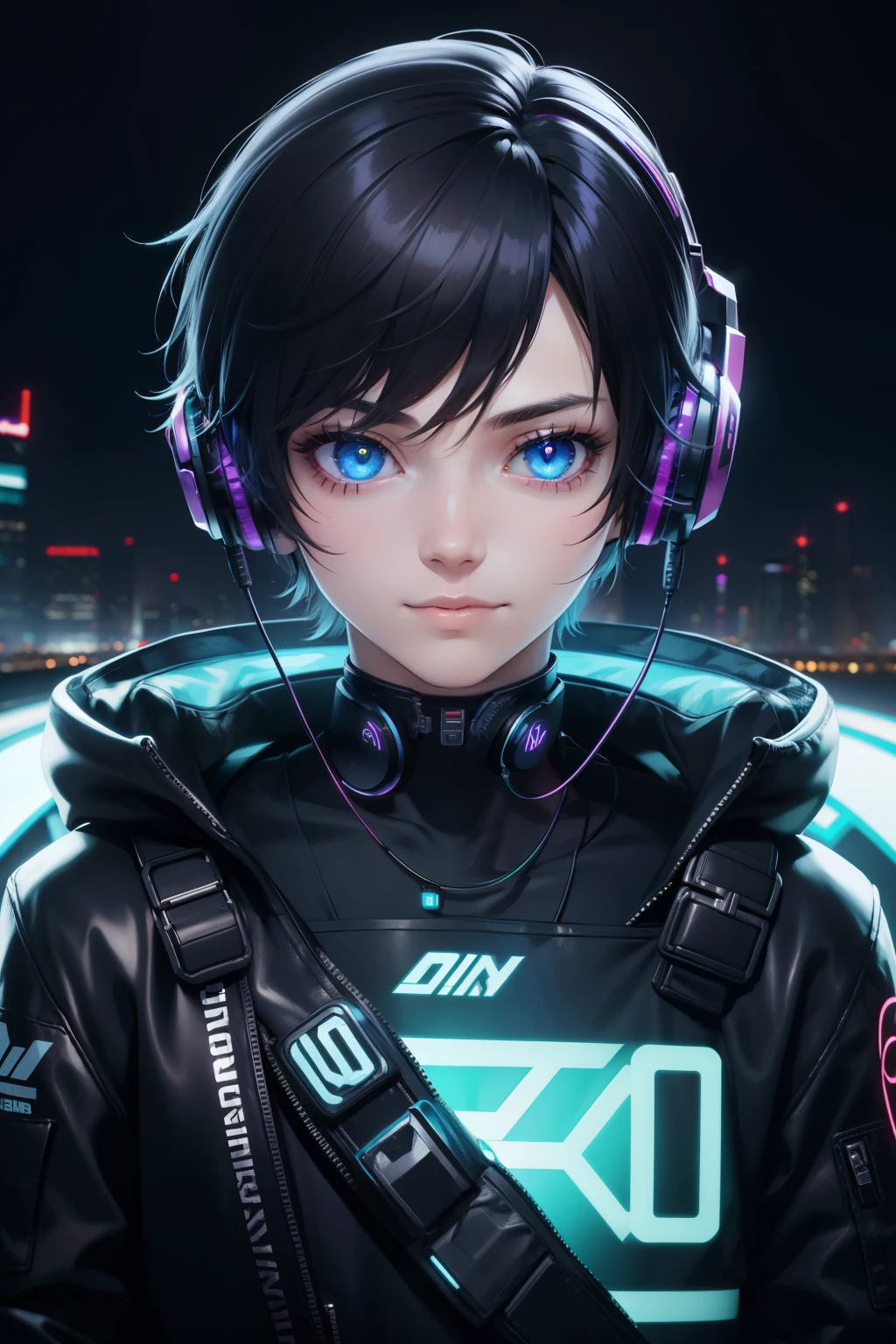 1boy, (extremely beautiful), solo, male focus, cyberpunk, neon lights, vibrant colors, headphones, Cyberpunk, neon, masterpiece, best quality, ultra-detailed, cyberpunk background, detail, in the starry night, moon, explosive and clear eyes, glowing eyes, beautiful details in the wind, little smile.