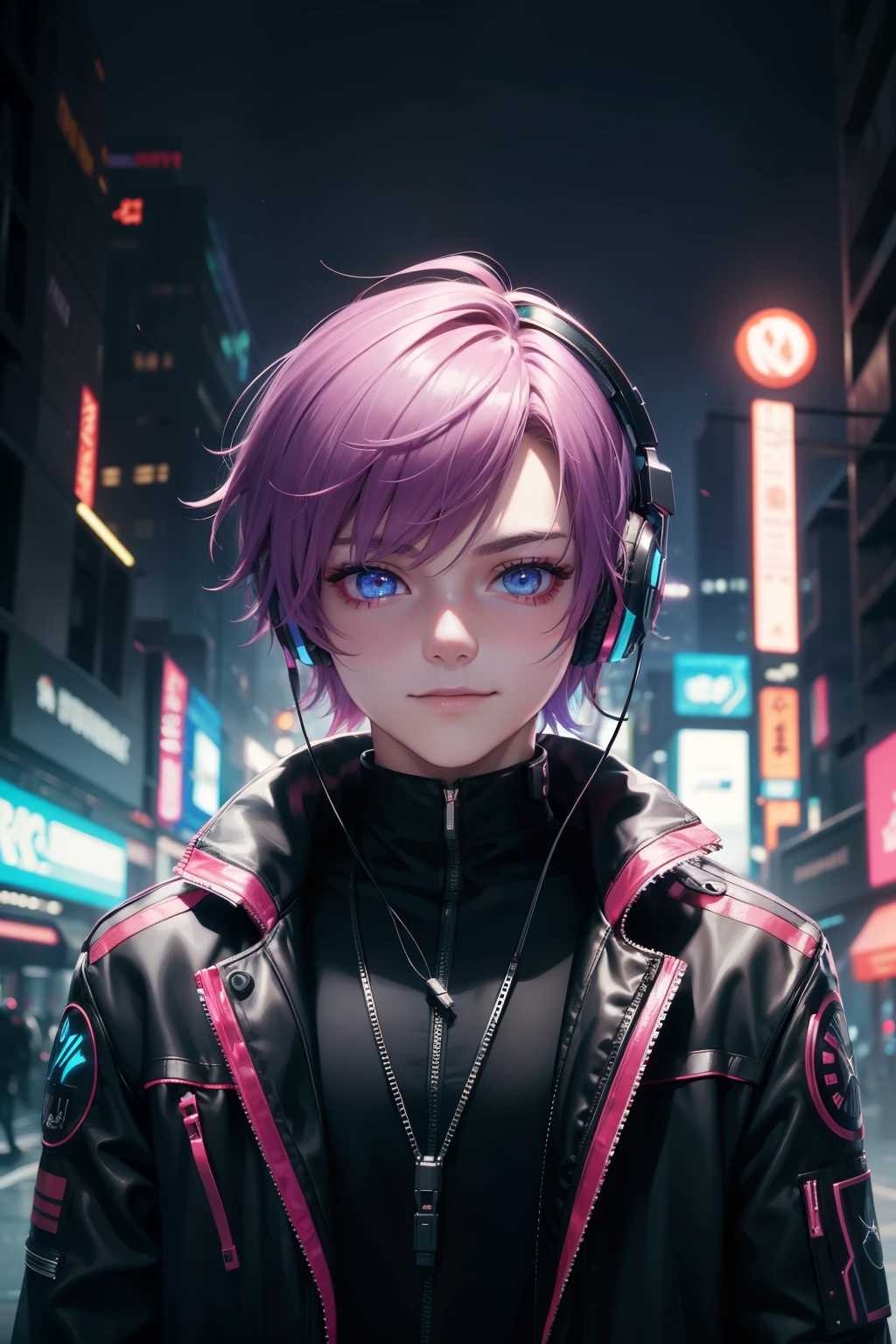 1boy, (extremely beautiful), solo, male focus, cyberpunk, neon lights, vibrant colors, headphones, Cyberpunk, neon, masterpiece, best quality, ultra-detailed, cyberpunk background, detail, in the starry night, moon, explosive and clear eyes, glowing eyes, beautiful details in the wind, little smile.