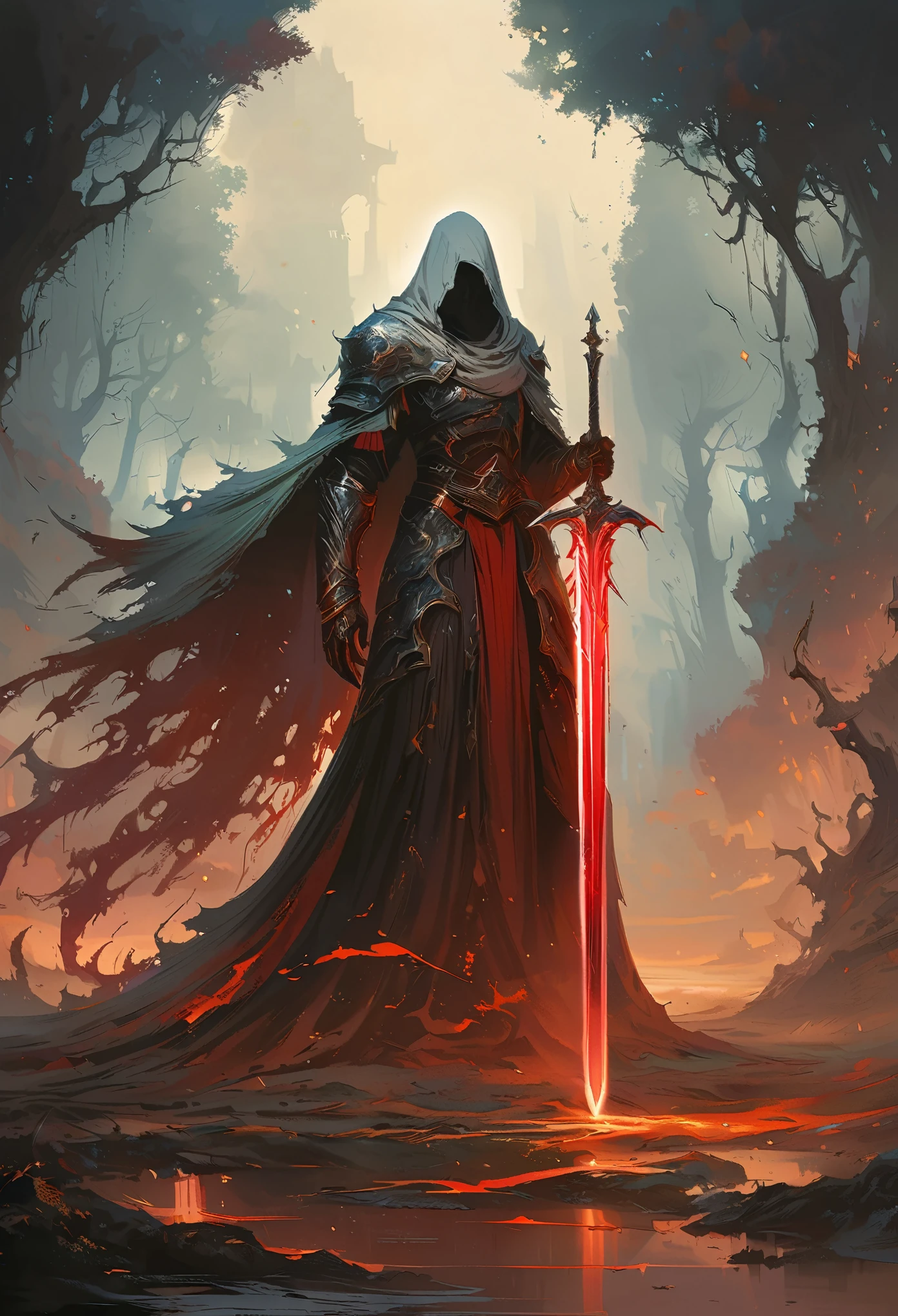 a man in a cloak holding a sword in a dark black and Red forest, hold sword in the forest, Glowing sword (Red),dark fantasy style art, Dark Fantasy Artwork, 8k fantasy art, dark fantasy style, fantasy art 4k, Epic Fantasy Art Style HD, Dark Fantasy Art, Dark fantasy concept art, Epic fantasy digital art style, in style of Dark Fantasy Art, Glowing sword in hand