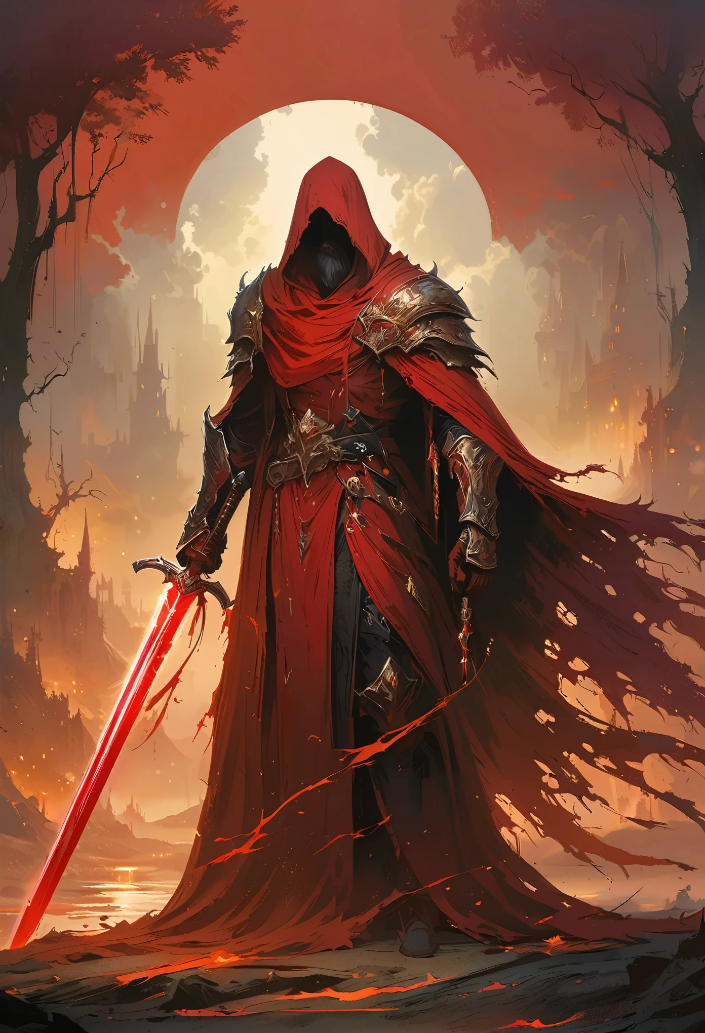 a man in a cloak holding a sword in a dark black and Red forest, hold sword in the forest, Glowing sword (Red),dark fantasy style art, Dark Fantasy Artwork, 8k fantasy art, dark fantasy style, fantasy art 4k, Epic Fantasy Art Style HD, Dark Fantasy Art, Dark fantasy concept art, Epic fantasy digital art style, in style of Dark Fantasy Art, Glowing sword in hand