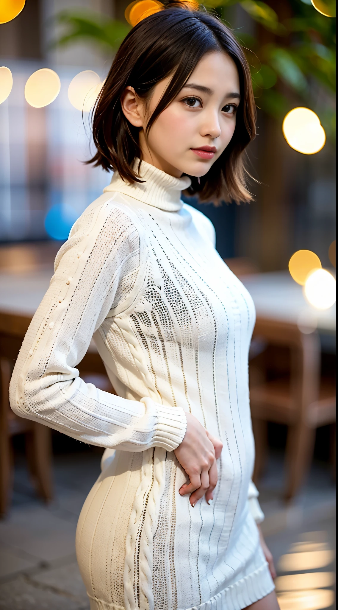 (Symmetric, Colorful geometric arabesque pattern composition, Flowers, Sparkling with bubbles and splashes), break, (One Girl), (18-year-old), Very beautiful detailed face, Laugh shyly, Symmetric black eyes, Small breasts), break, (Redhounds Tooth Court:1.4), (Off-white turtleneck sweater dress:1.3), Dark brown hair, Half Up, (Beautiful Face:1.2), break, high quality, Realistic, Very detailed CG 統合 8k 壁紙, Very detailed, High resolution raw color photos, Professional photography, Realistic portrait, Cinematic Light, Beautiful details, Super detailed, Attention to detail, (((Bokeh))), Depth of written boundary, illumination, Super stylish lighting、Beautiful and firm buttocks、The shape of your beautiful buttocks is clearly visible through the knit.、Very transparent、