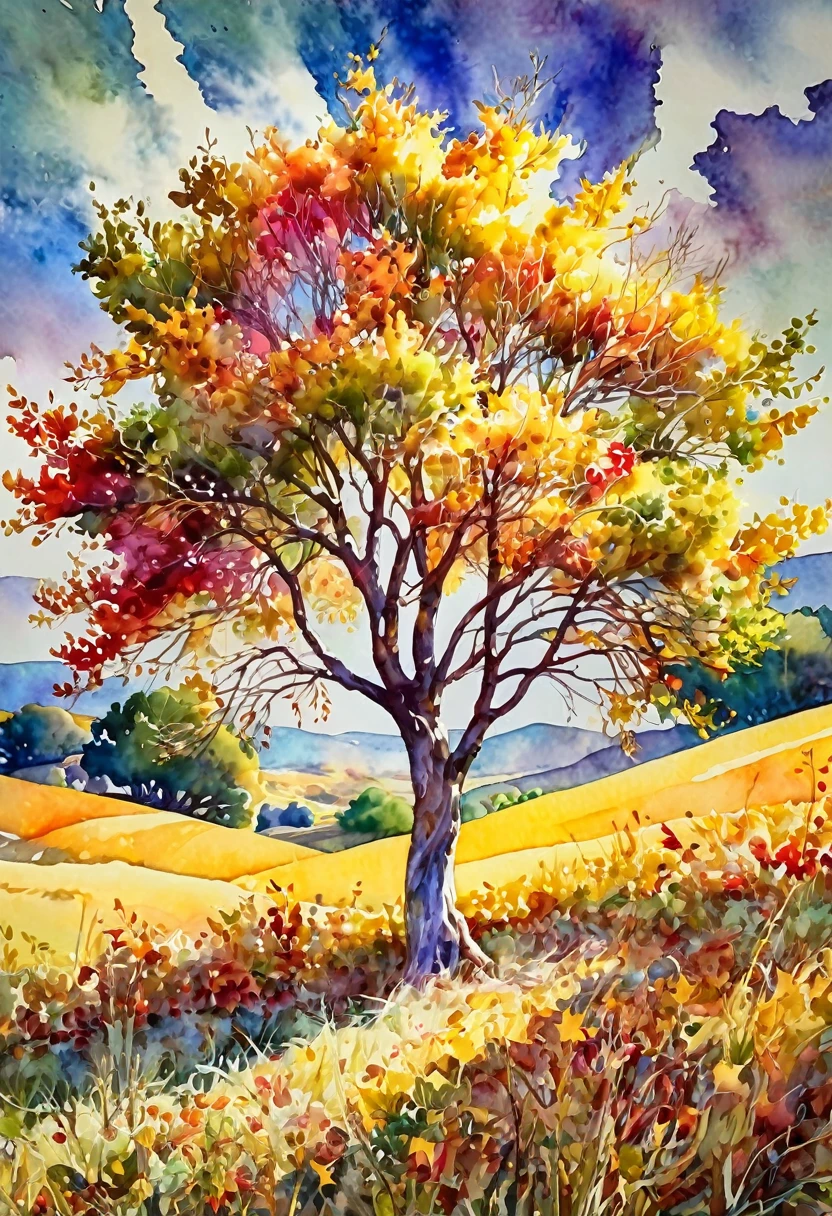 plano general, cuerpo entero, intricate watercolor painting of a beautiful multicolored autumn tree in the middle of a field, vibrant colors, serene atmosphere, highly detailed, masterpiece, photorealistic, dramatic lighting, glowing sunlight, dancing leaves, lush foliage, soft textures, winding branches, rolling hills, cinematic composition, dreamlike quality