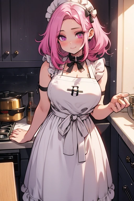 A pink haired woman with violet eyes with an hourglass figure in an apron is posing with a blush in the kitchen