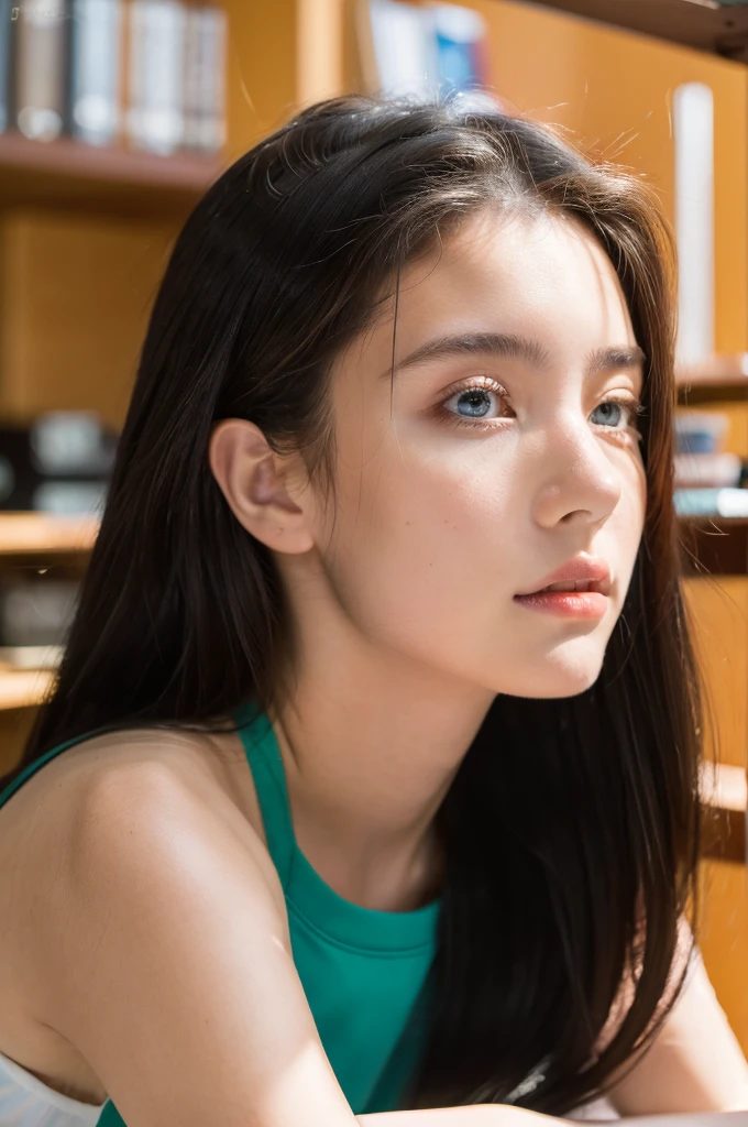 ( masterpiece, top quality, best quality,8k,17 years old girl,ultra detailed,raw photo:1.5),(photorealistic:1.4),(cinematic lighting), PerfectNwsjMajic, , Surrealism, UHD, ccurate, Super detail, textured skin, High detail, Best quality, dynamic angle, (high nose,White skin),[Beautiful blue eyes],(1girl),(good anatomy:0.5)),in the classroom,Real people,warm sun, upper body, straight hair