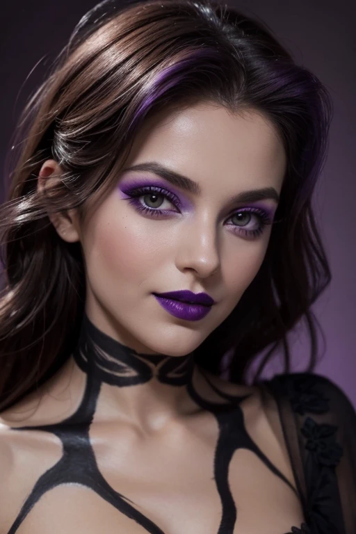 Jeune femme de 25 ans, visage fin, cheveux long, yeux marrons, HD, 8K, masterpiece, sourire romantique, sexy, mascara noir, maquillage noir, black lips, tenue gothique, vêtements noirs et violets, toile d'araignée en dentelle, cheveux noirs et violets, bodypainting, purple paint, dracula, nude, full purple and black bodypainting