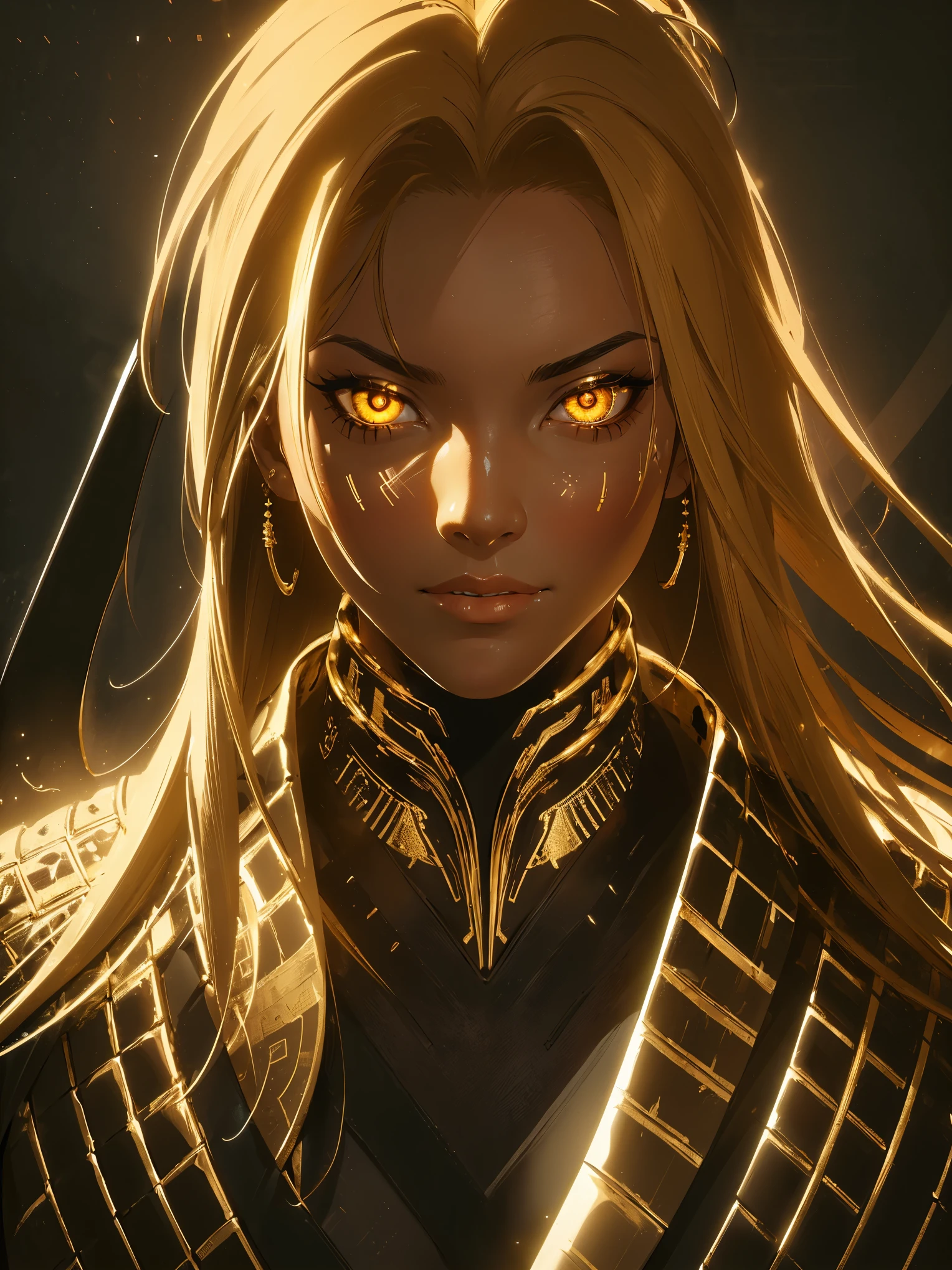 (best quality,highres,ultra-detailed:1.2),close-up of the face of a mummy,covered in bandages with golden hieroglyphics,detailed,golden and glowing eyes,vivid and intense colors,dark circles,realistic,graphic art,terror