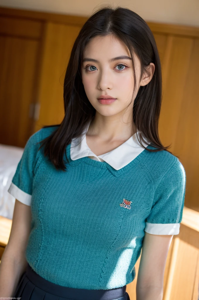 ( masterpiece, top quality, best quality,8k,17 years old girl,ultra detailed,raw photo:1.5),(photorealistic:1.4),(cinematic lighting), PerfectNwsjMajic, , Surrealism, UHD, ccurate, Super detail, textured skin, High detail, Best quality, dynamic angle, (high nose,White skin),[Beautiful blue eyes],(1girl),(good anatomy:0.5)),in the classroom,upper body,Real people,warm sun,School uniforms, straight hair