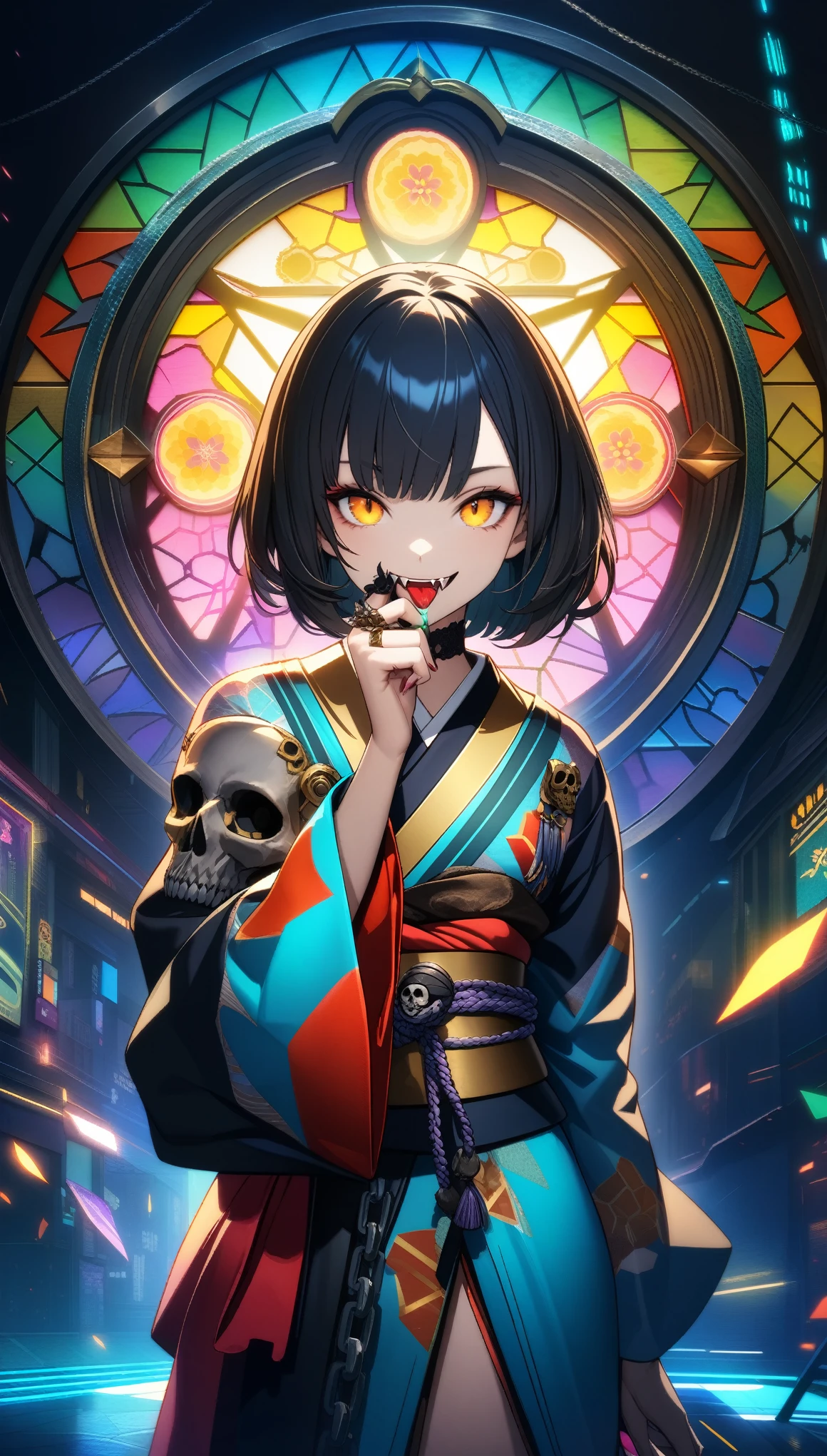 32k, best quality, ultra high res, HDR, UHD, extremely detailed CG, unity 32k wallpaper, a colorful Japanese animation style of a woman with short hair holding a half-removed skull mask in her hand. The skull mask is golden and designed to cover the upper half of her face. She is dressed in a kimono with cyberpunk elements integrated into the design. Her right hand is near her mouth, with two rings attached to chains on her fingers. She has a mischievous smile, revealing fangs. The background features a stained glass pattern with traditional Japanese motifs.