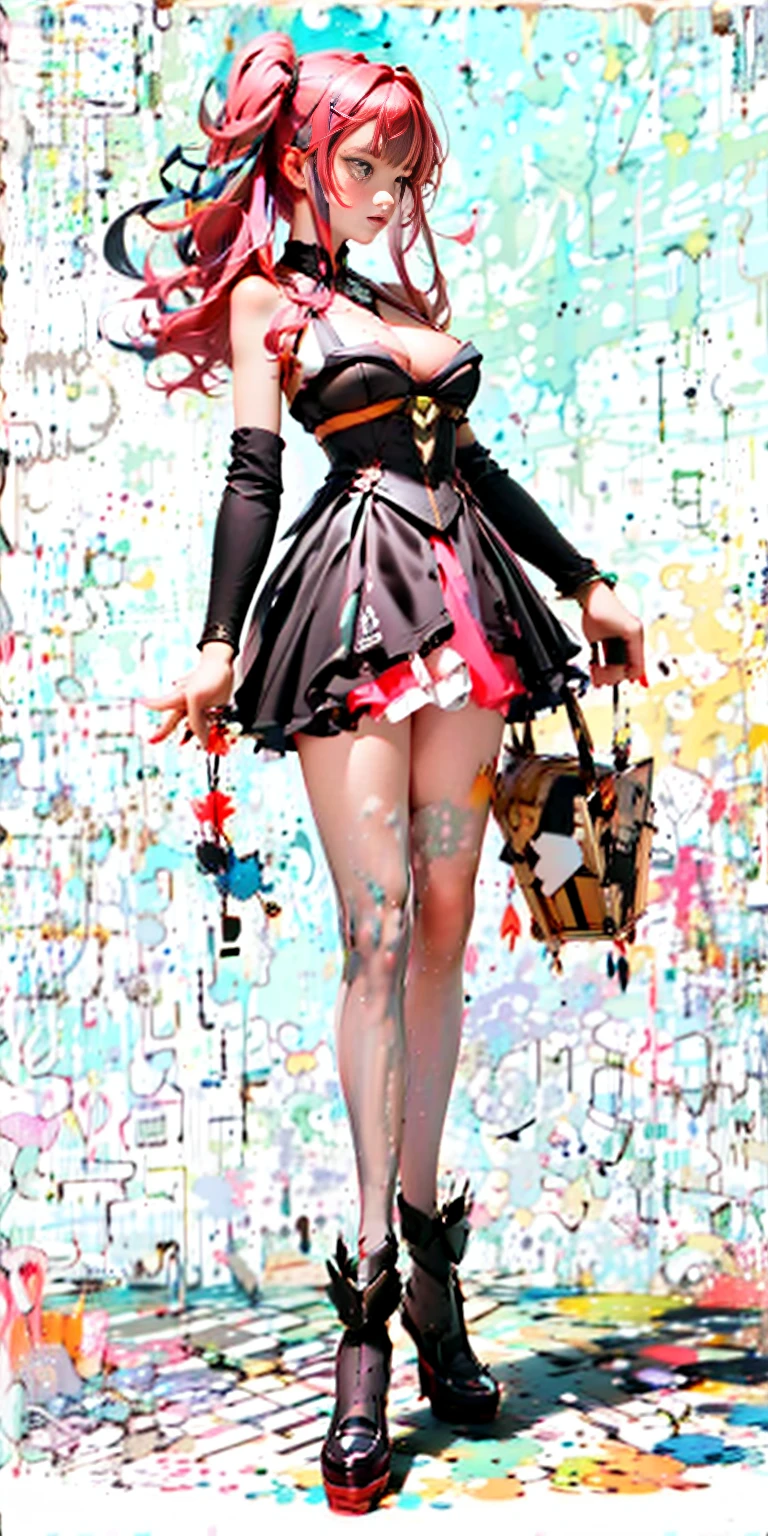 (gray background)(masterpiece) ultra-detailed solo 1girl hands on sides medium breasts, (full body standing)
