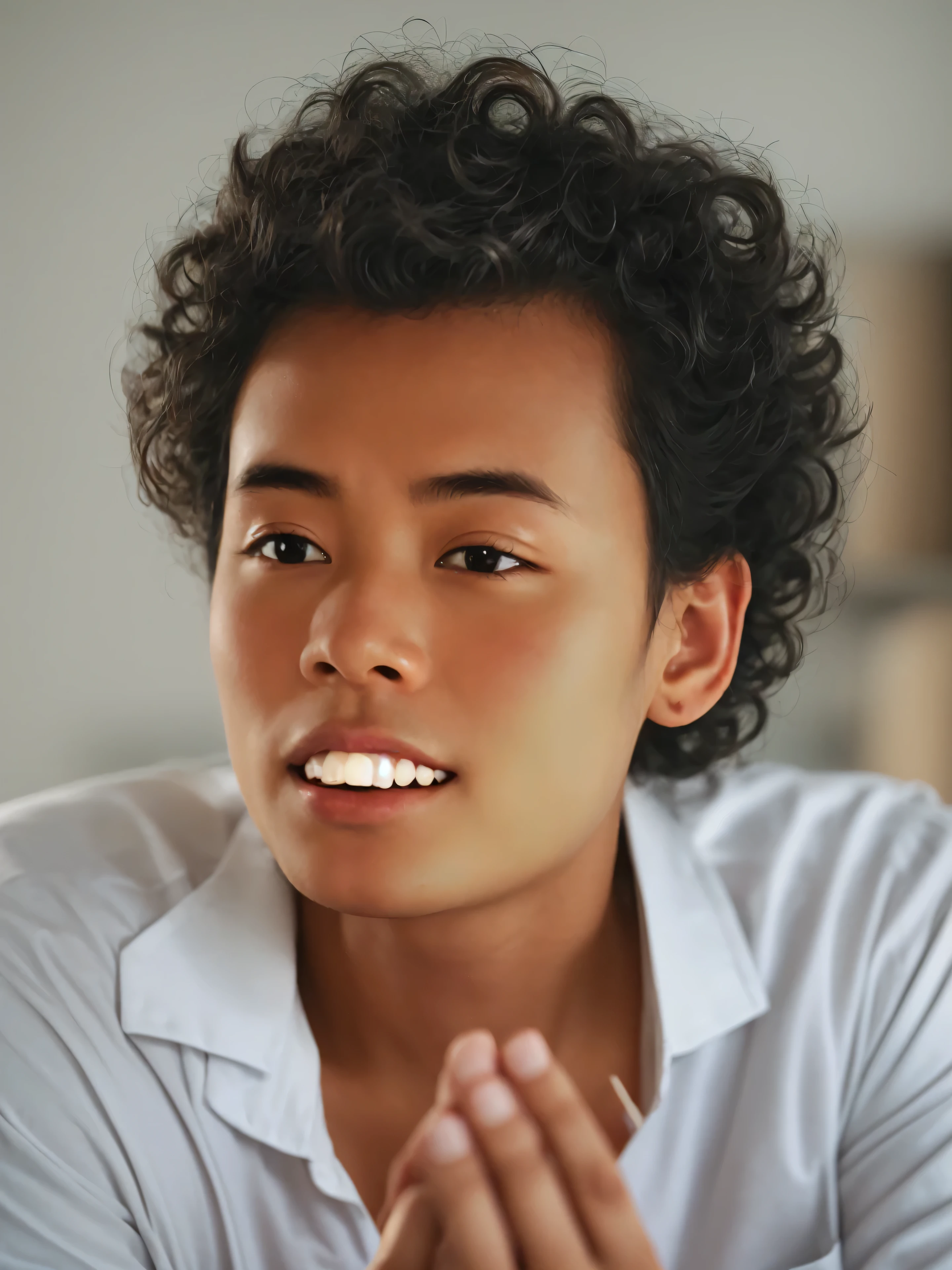 Make this photo look detailed and realistic, there is a man with a white shirt, south east asian with round face, detailed face of a asian boy, brown skin man with a giant grin, young man with beautiful face, asian male, detailed portrait, lean man with light tan skin, boy with neutral face, detailed portrait shot, smiling male, beautiful young man, color portrait, very detailed potrait, realistic portrait photo, close up potrait, profile portrait, very detailed face, very realistic face, very perfected face, very detailed clothes, very realistic clothes, very perfected clothes