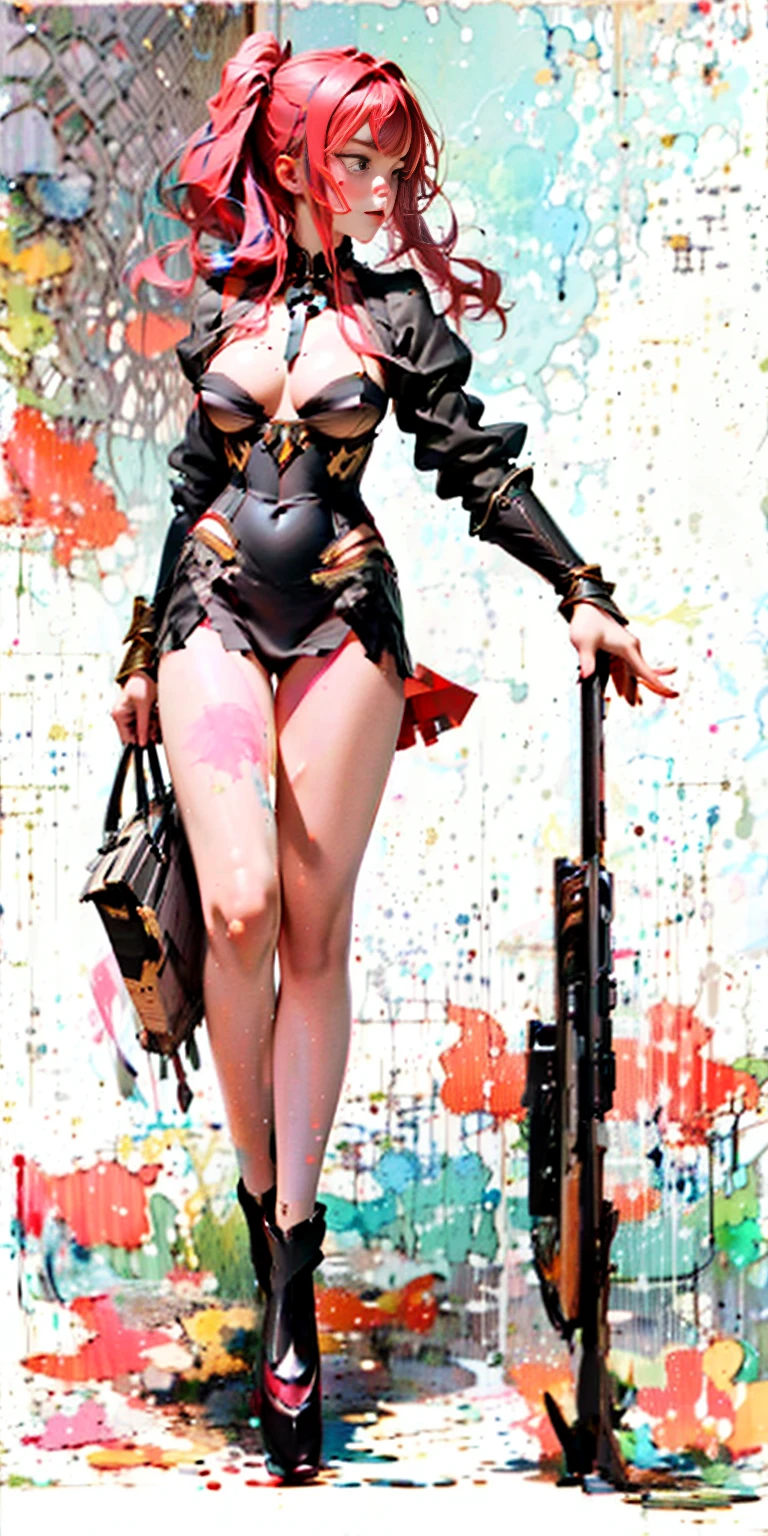 (gray background)(masterpiece) ultra-detailed solo 1girl hands on sides medium breasts, (full body standing)